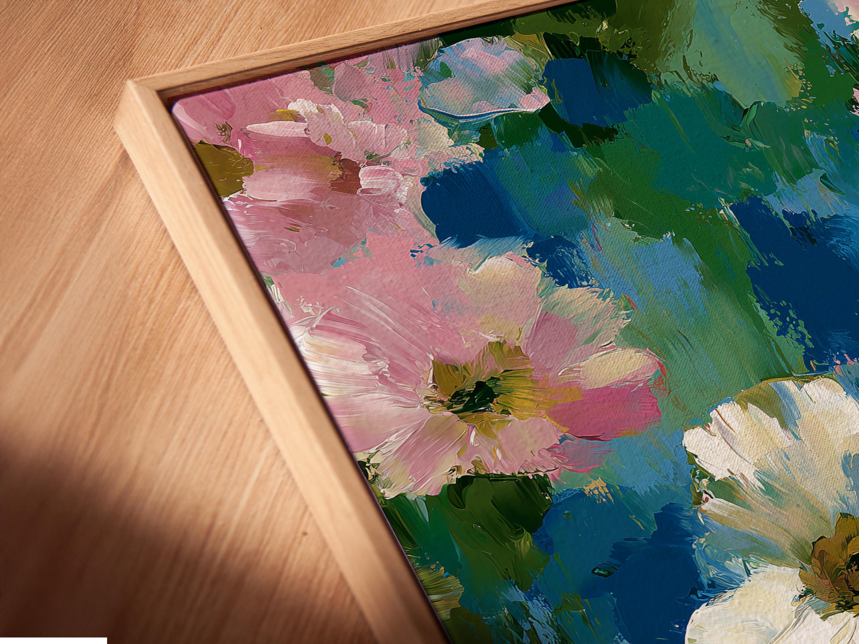 Room mockup showing a framed floral artwork with pink, white, teal and green brush textures