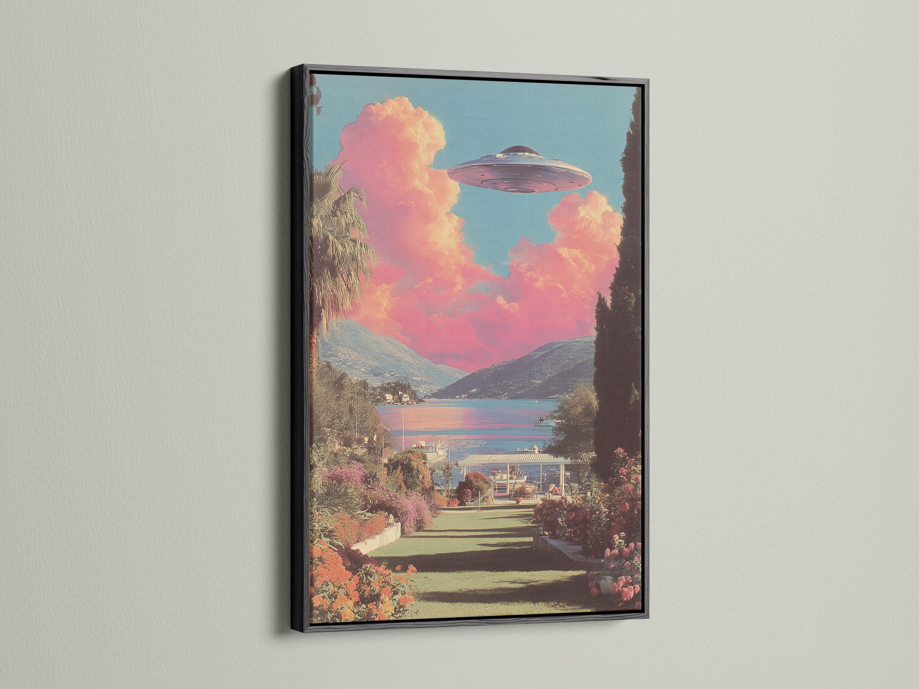 Wall mockup featuring a retro sci-fi UFO lake landscape
