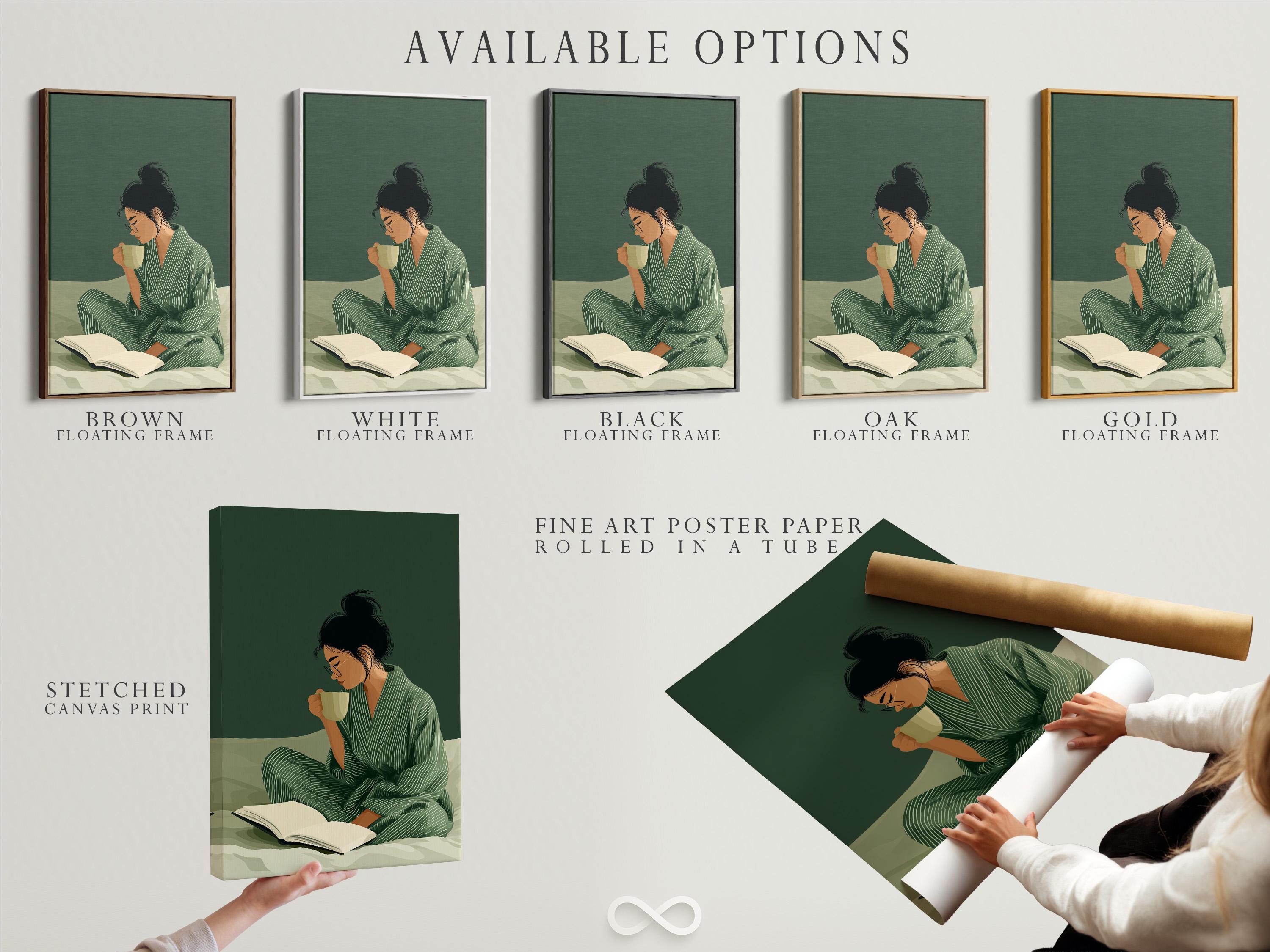 Stylised woman reading an open book with a cup, in muted sage green and cream tones detail view