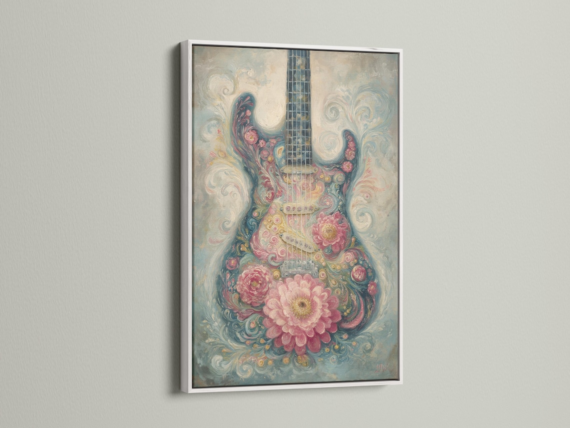 Stylised floral guitar artwork with dusty pink blossoms and teal-blue swirls detail view