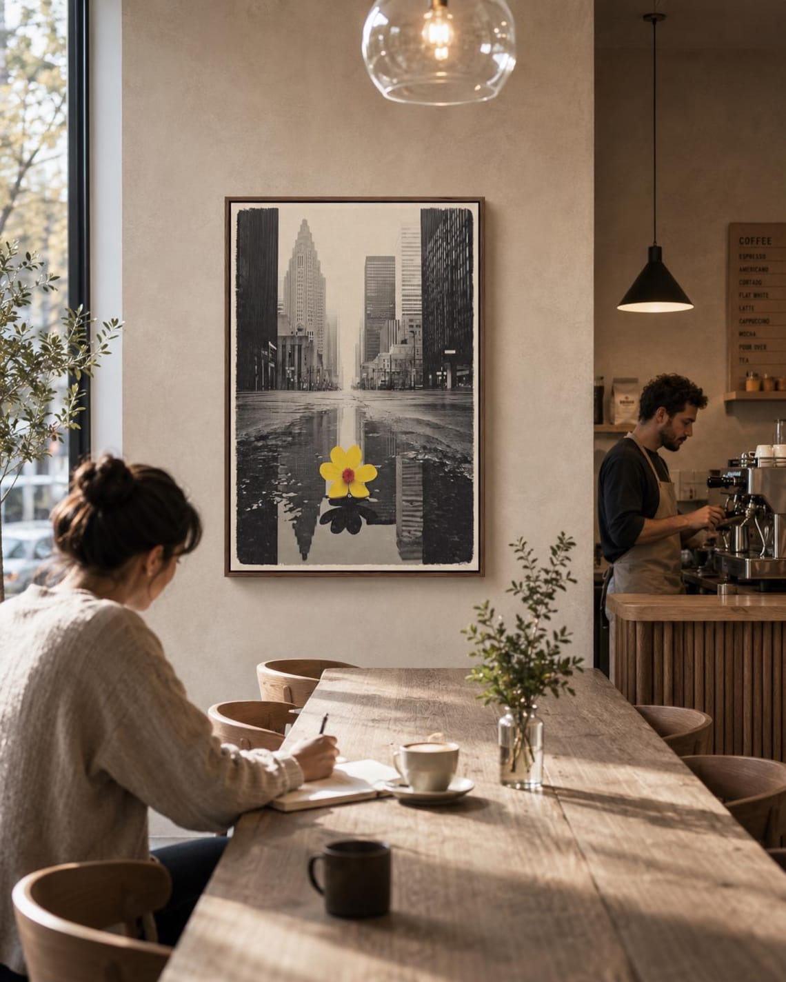 A monochrome city skyline is overlaid with a single bright yellow flower, reflected in water-like bands, creating a high-contrast urban accent detail
