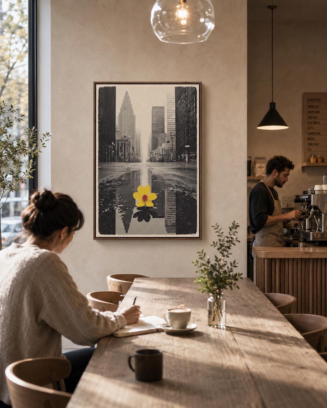 A monochrome city skyline is overlaid with a single bright yellow flower, reflected in water-like bands, creating a high-contrast urban accent detail