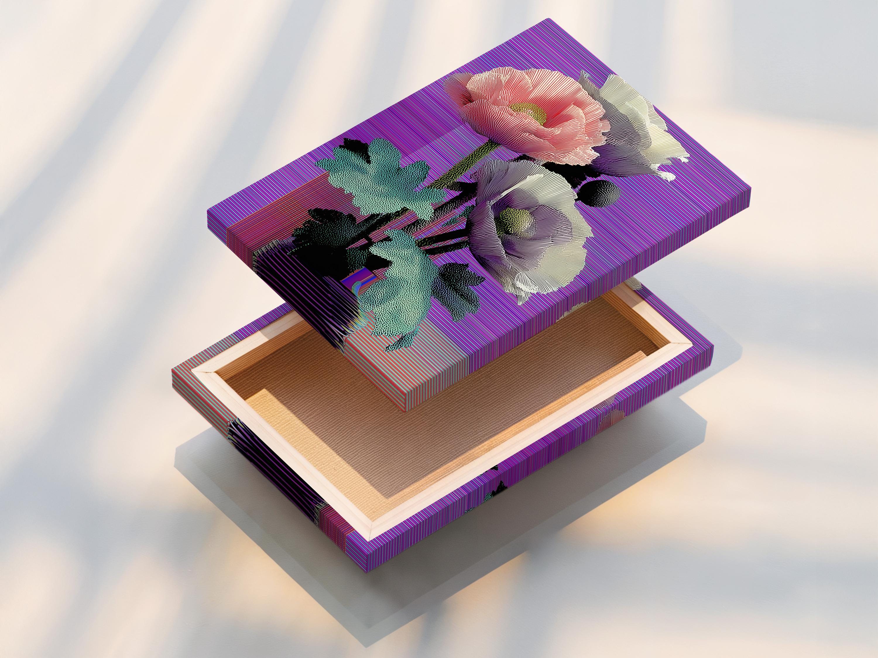 Retro glitch poppy flowers in pink, purple and teal with a striped vase and horizontal purple lines detail view