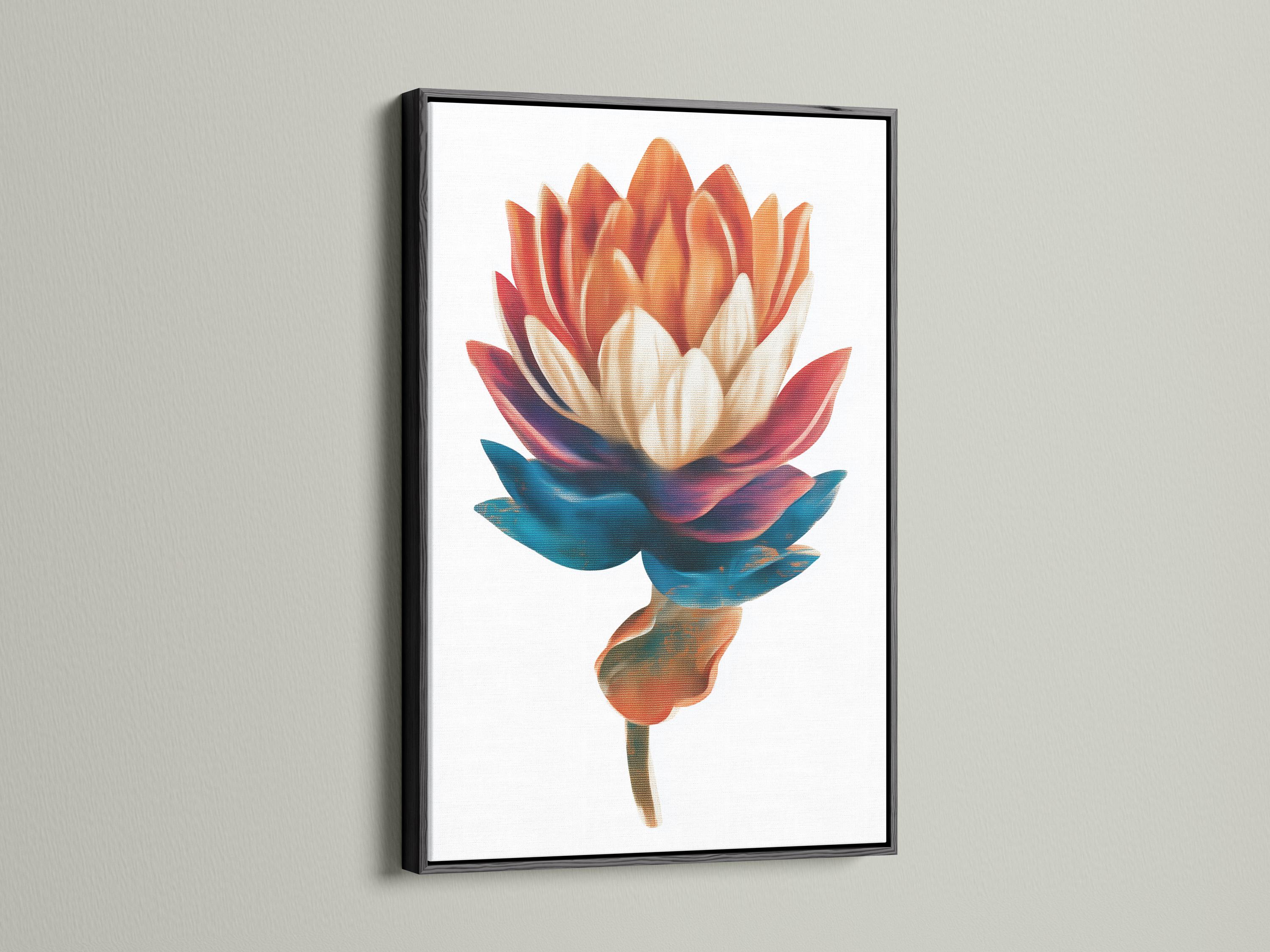 Stylised flower artwork with teal and coral petals and a cream centre on a pale background detail view