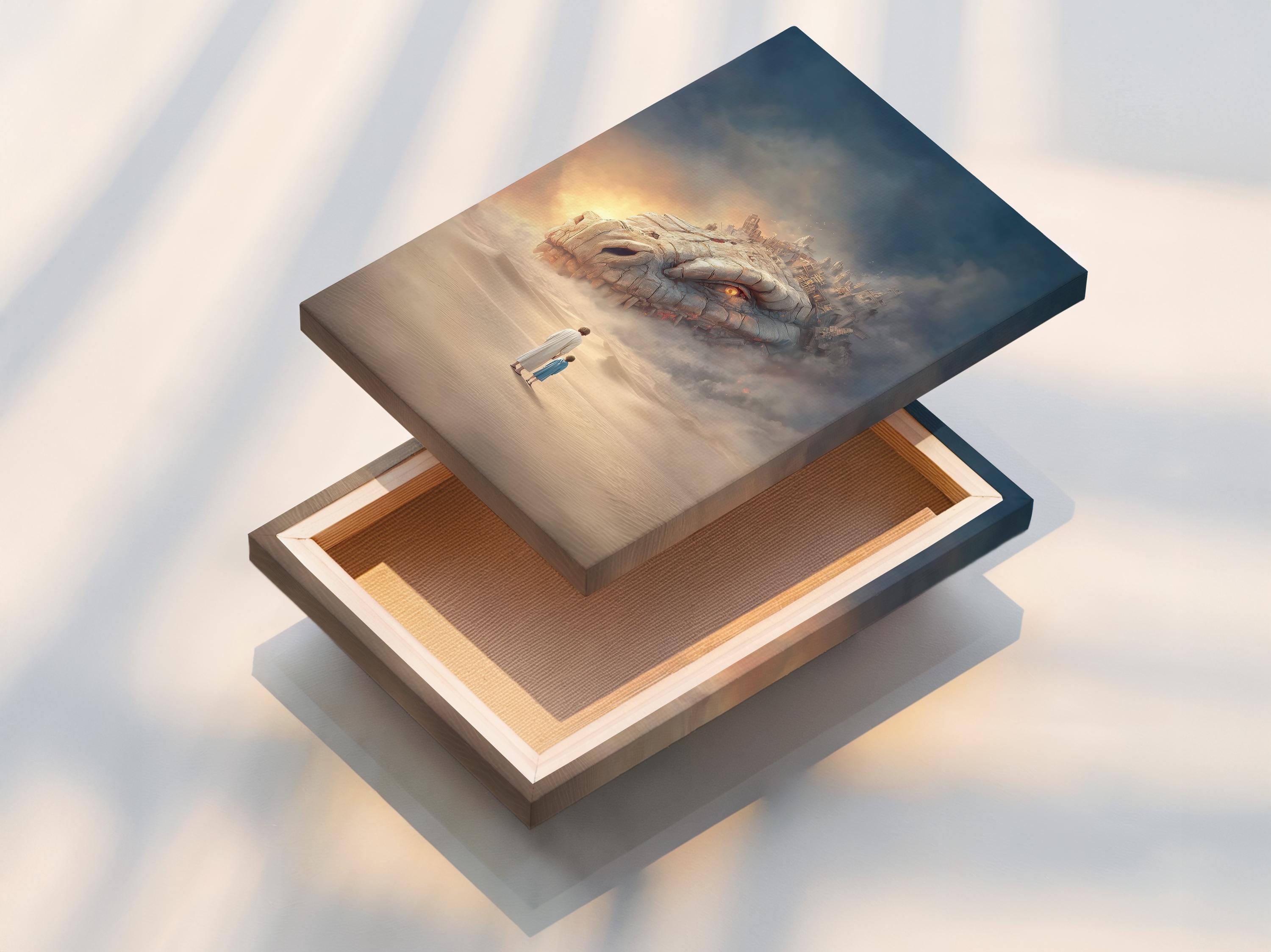 Room mockup showing framed fantasy dragon desert artwork