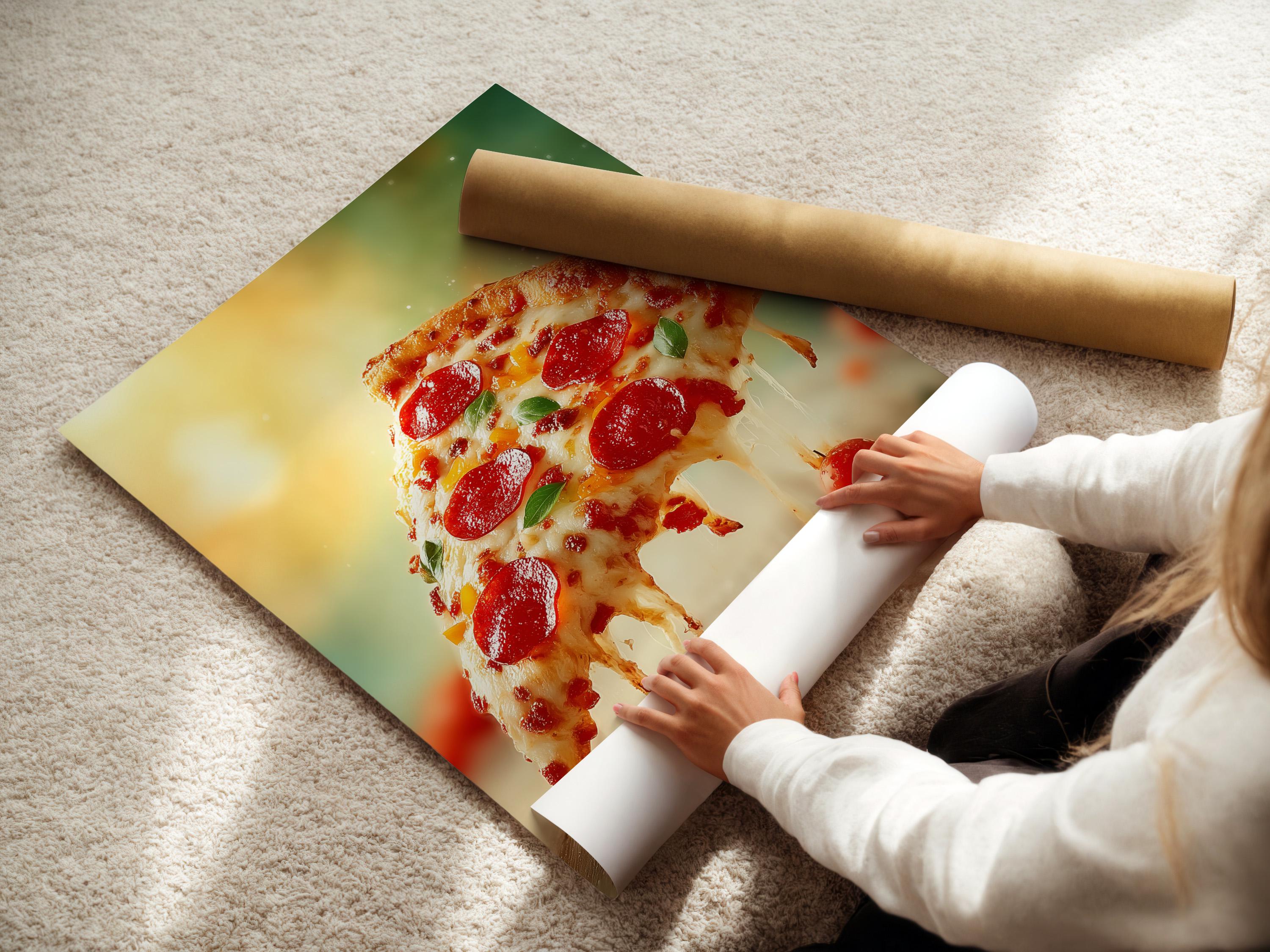 Close-up view of a pepperoni pizza slice with red toppings and melted cheese