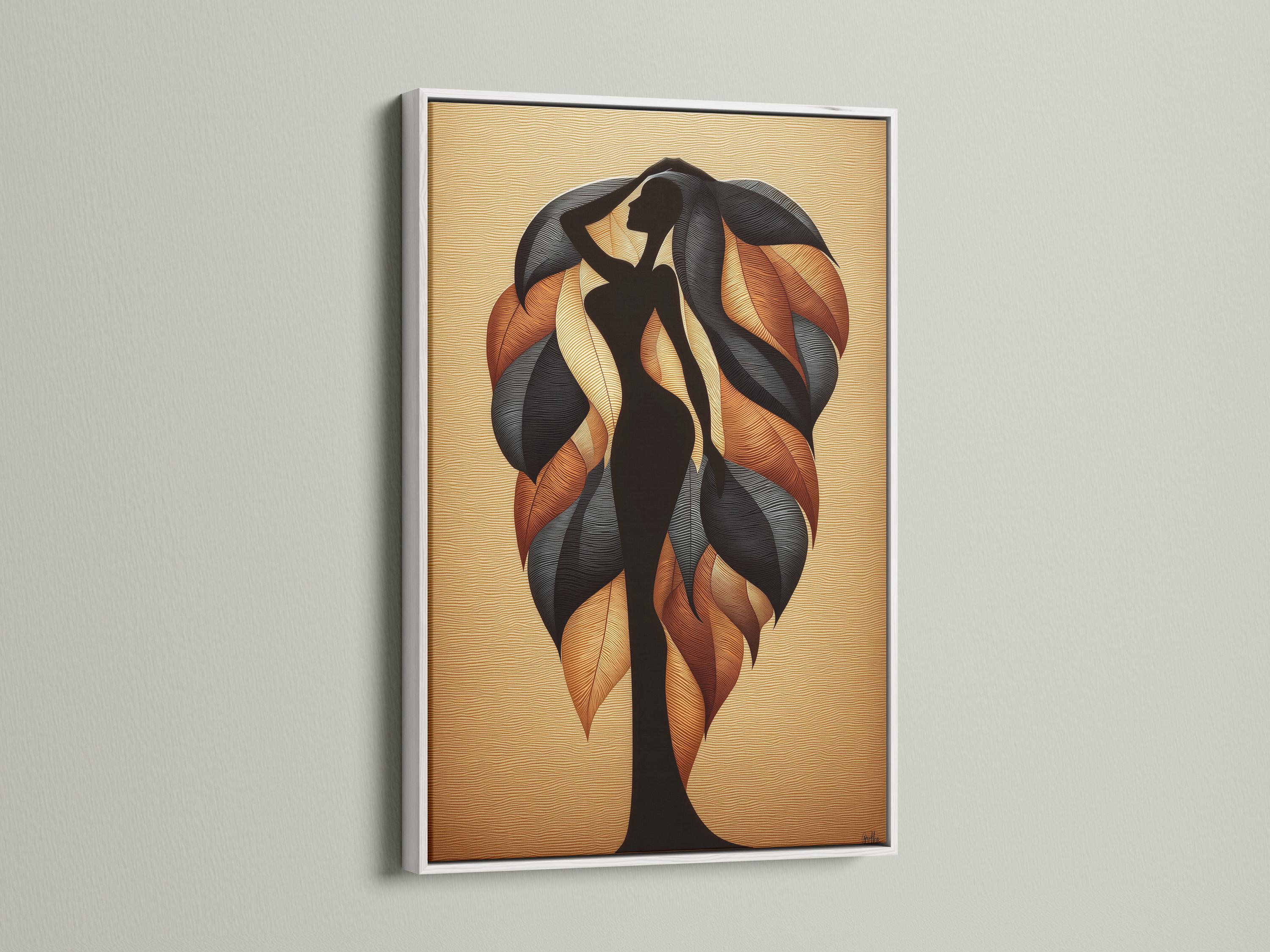 Leaf silhouette artwork with a dark figure shape and swirling burnt orange leaf forms on a beige textured background detail view