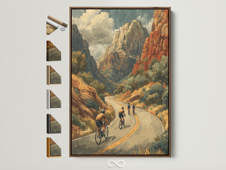 Retro mountain cycling scene with cyclists riding along a winding road through rocky cliffs