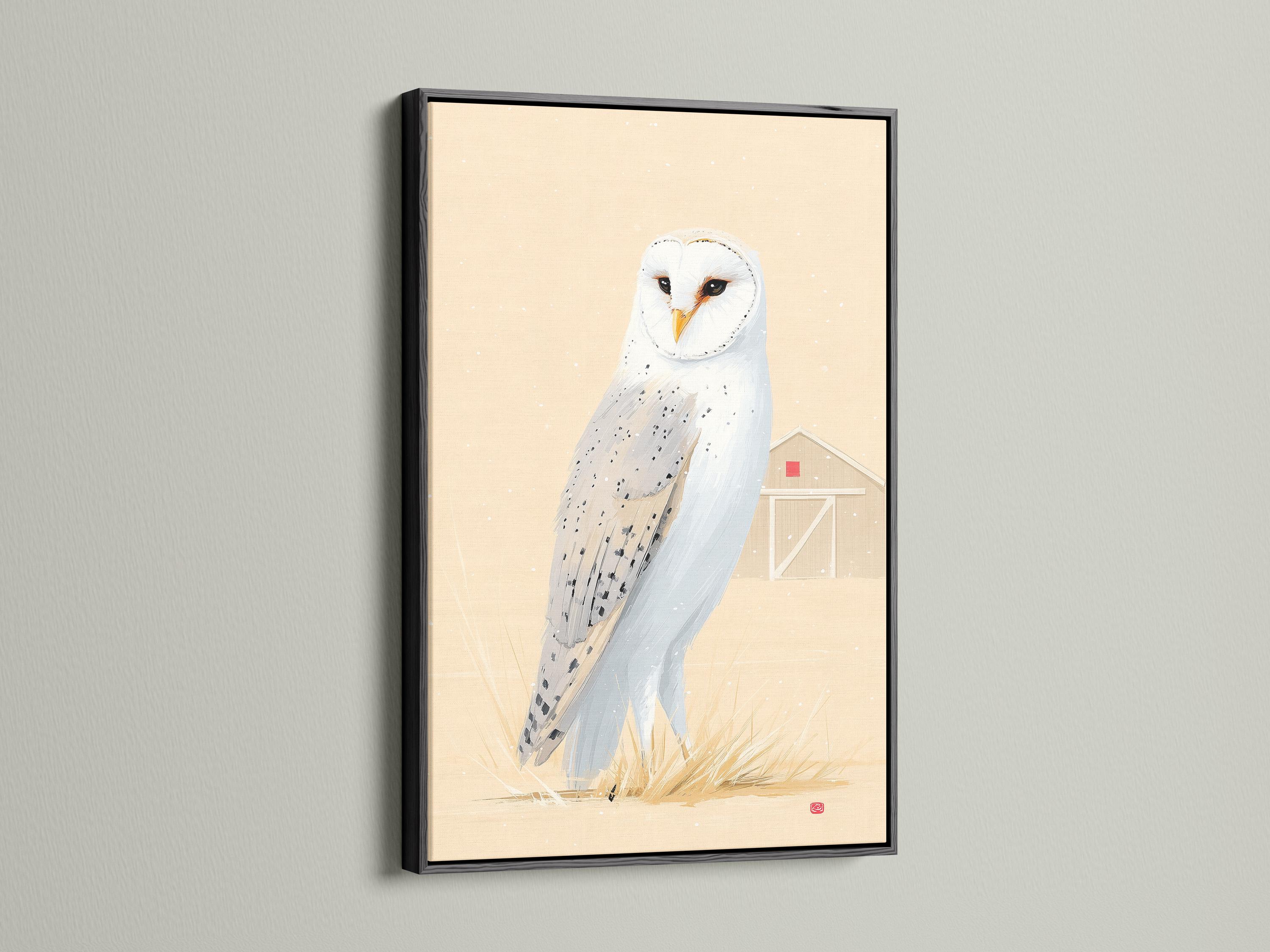 Painterly barn owl with white feathers and an orange beak on pale grass against warm beige background with snow-like specks detail view