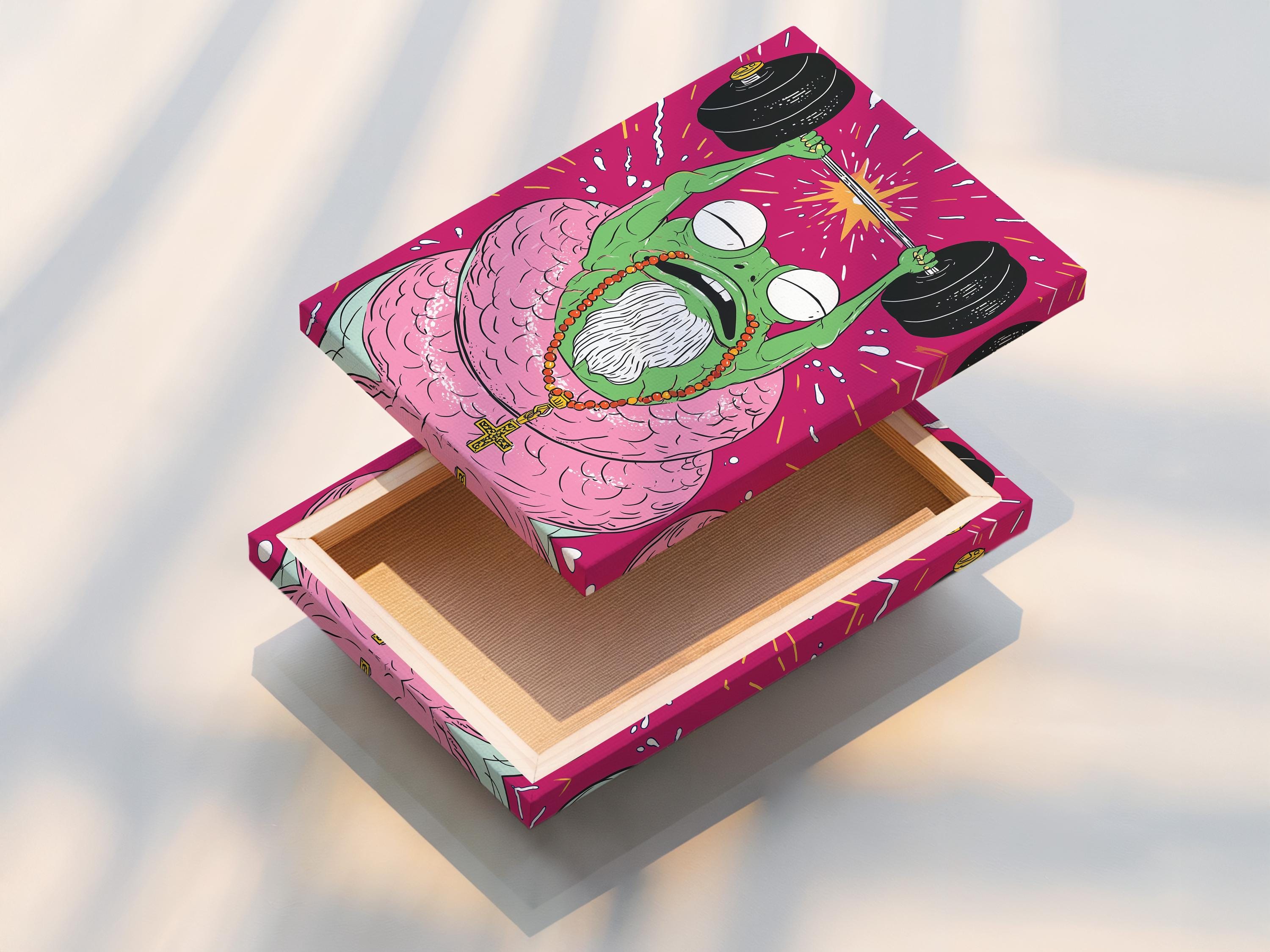 Cartoon frog weightlifter lifting dumbbells in a hot pink burst background detail view
