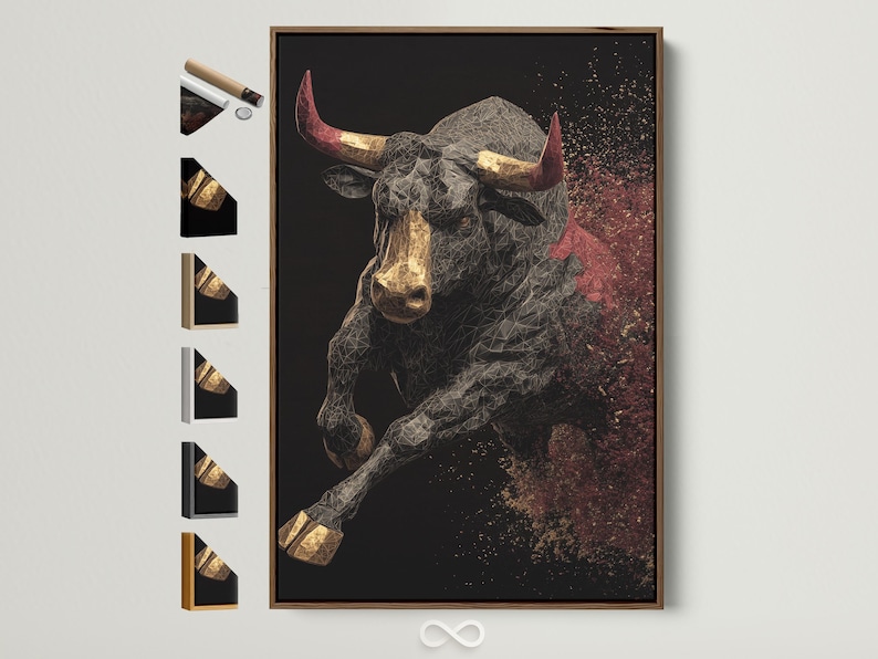 A geometric bull portrait in gold, black and grey sits against a dark background, with red horn accents and a sparkling speckled sky on the right