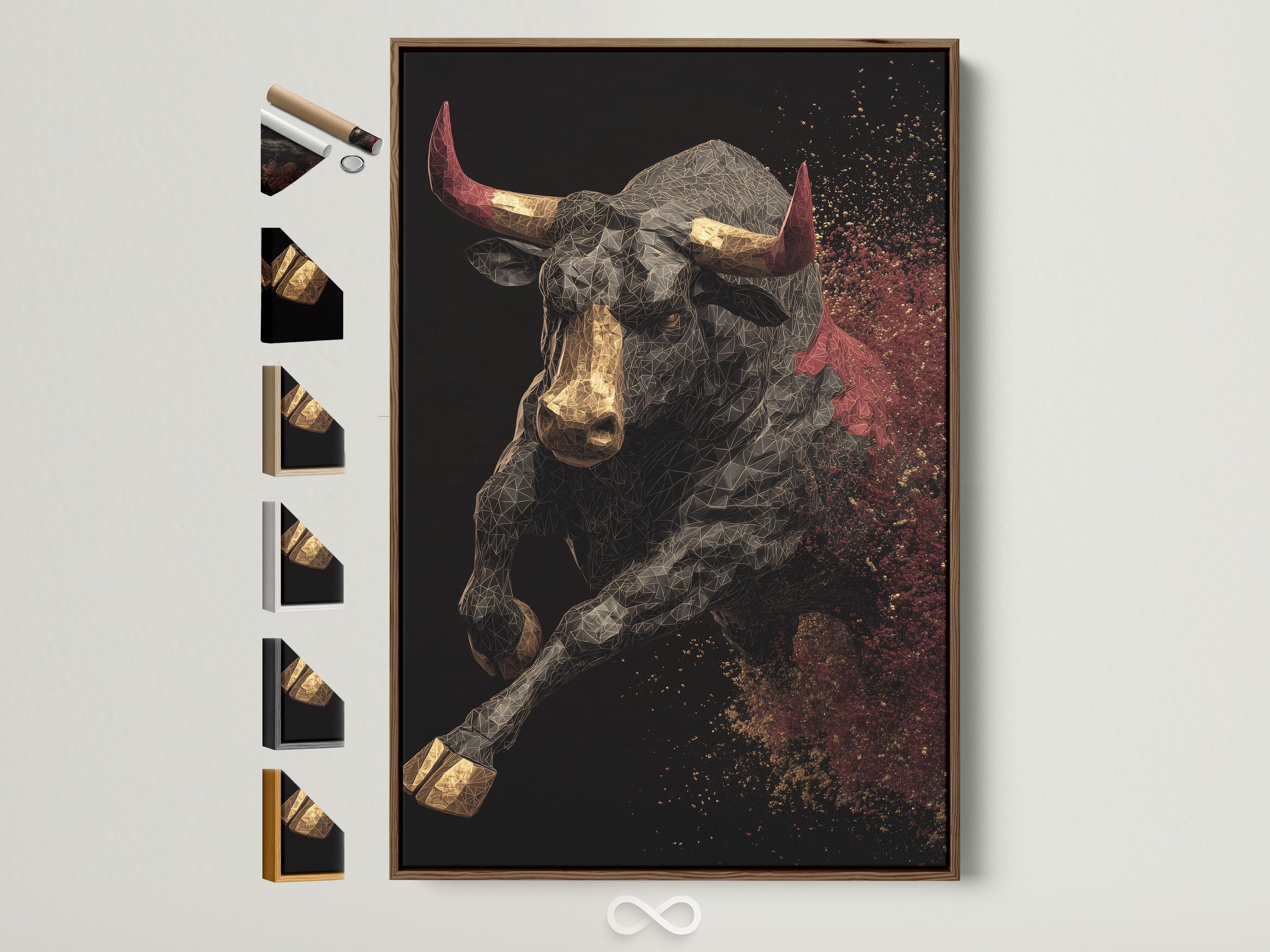 A geometric bull portrait in gold, black and grey sits against a dark background, with red horn accents and a sparkling speckled sky on the right