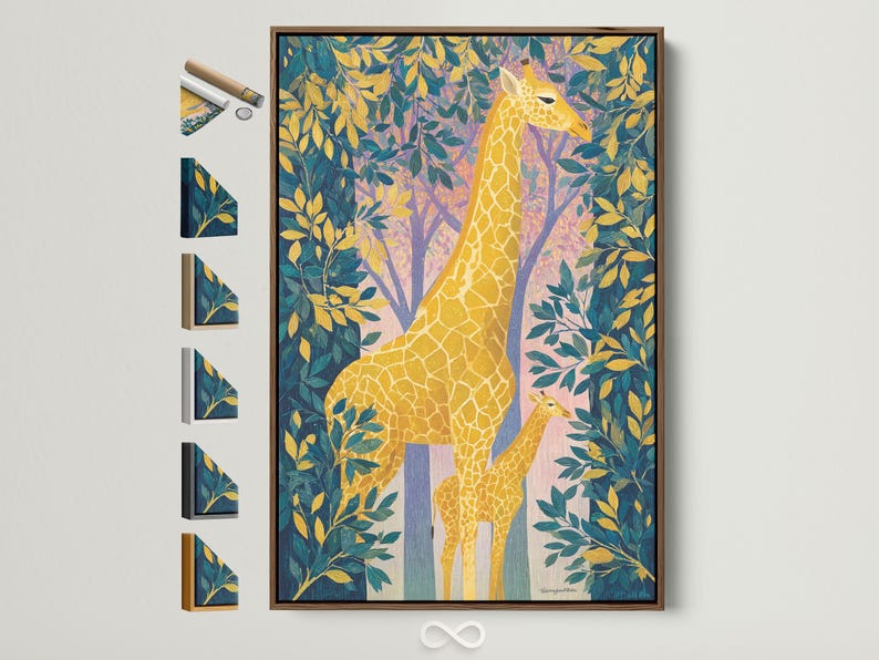 Illustrated giraffe standing among tropical leaves and tree trunks in teal, gold and pink tones