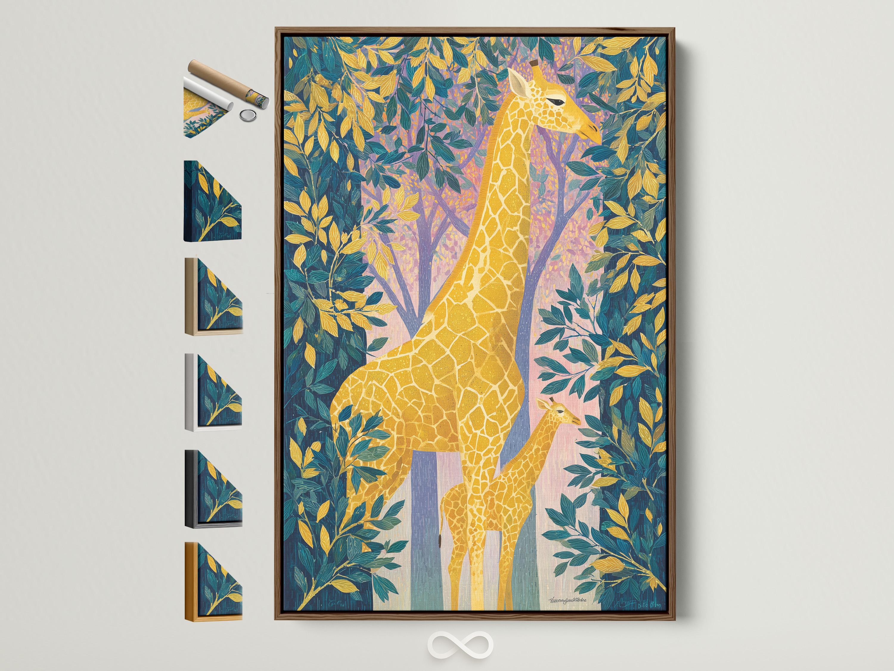 Illustrated giraffe standing among tropical leaves and tree trunks in teal, gold and pink tones