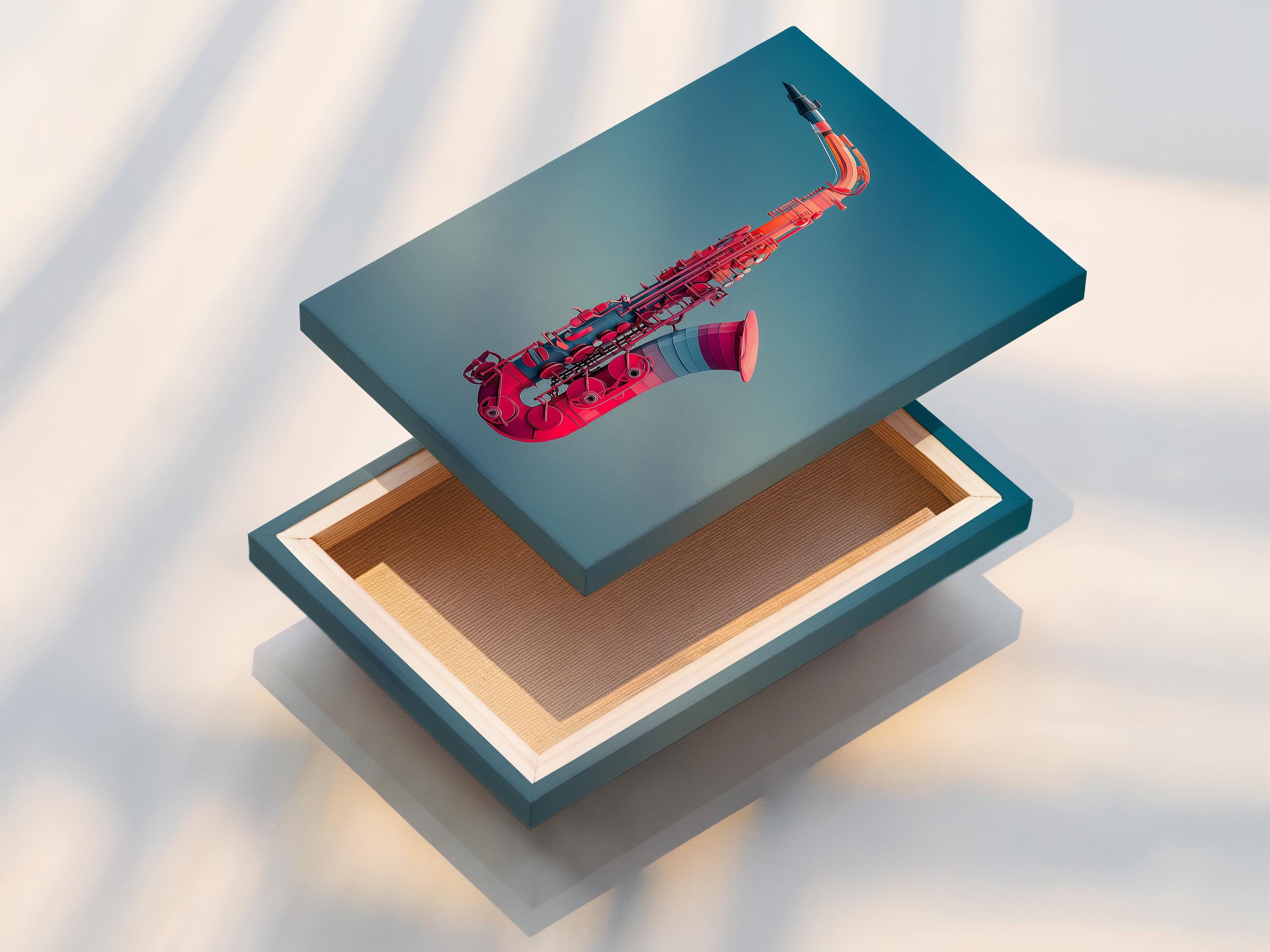 Stylised saxophone illustration in red on a teal-blue background detail view