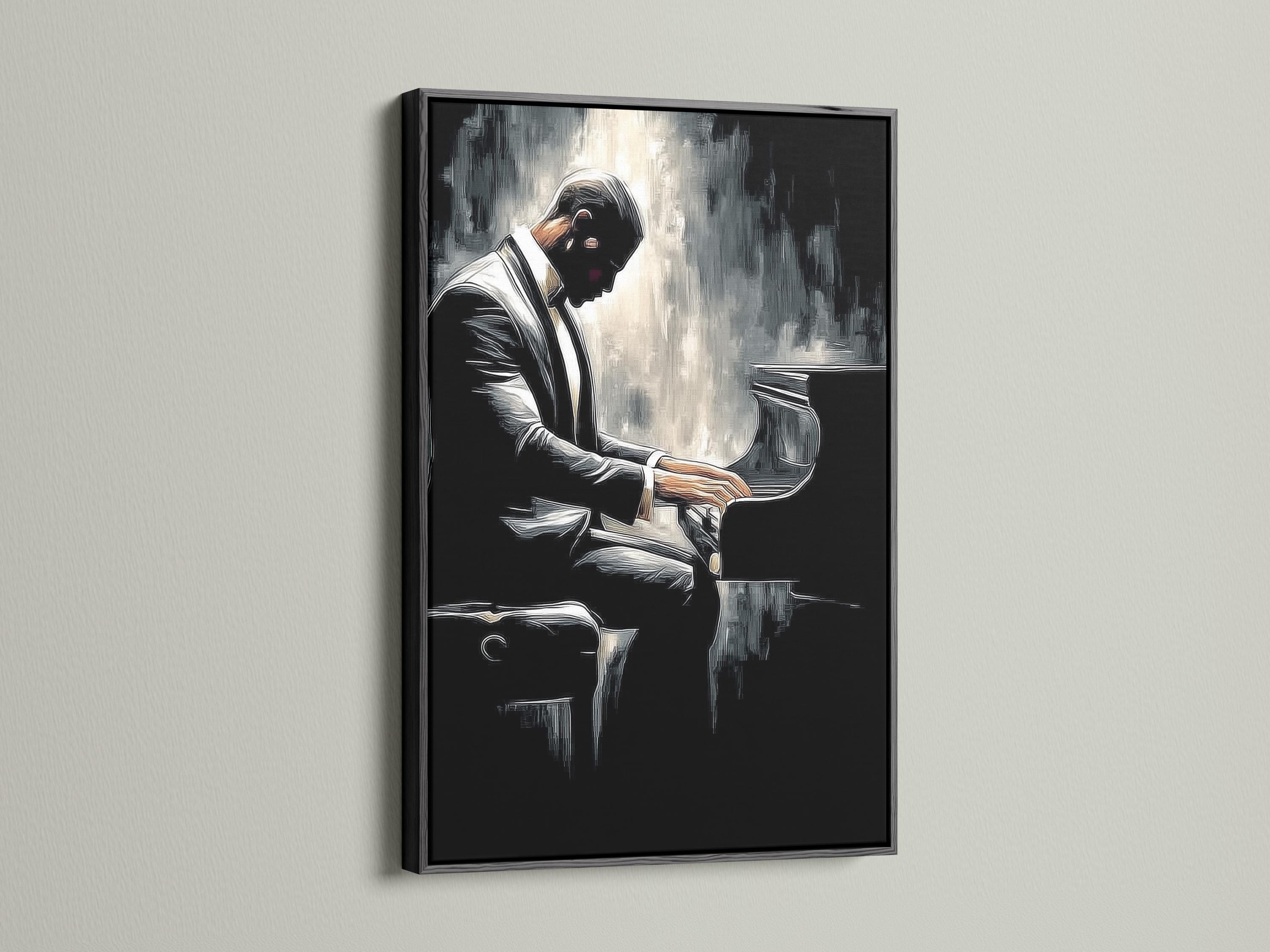 Black and white illustration of a pianist playing a grand piano in profile detail view