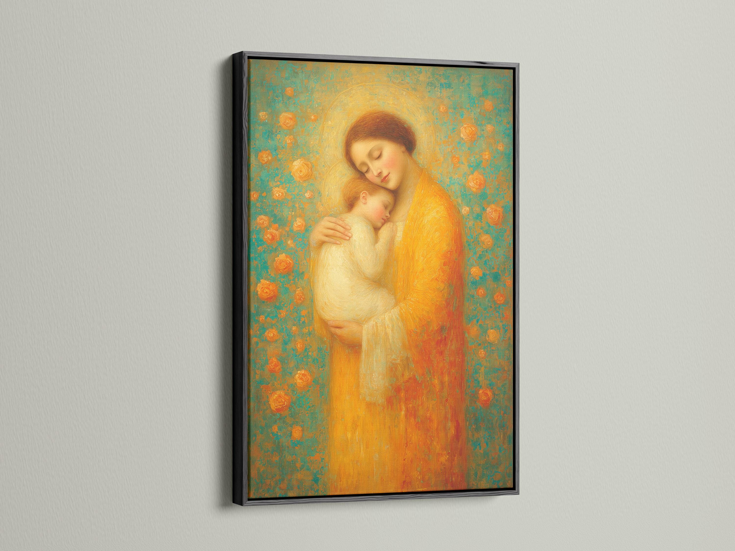 Warm gold mother holding a sleeping baby with halo against a teal patterned background detail view