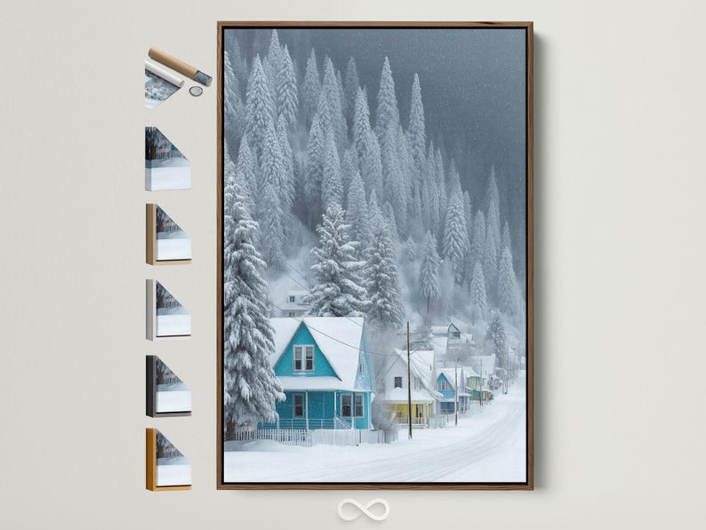 Snowy winter village with pine trees and teal-roof houses in falling snow
