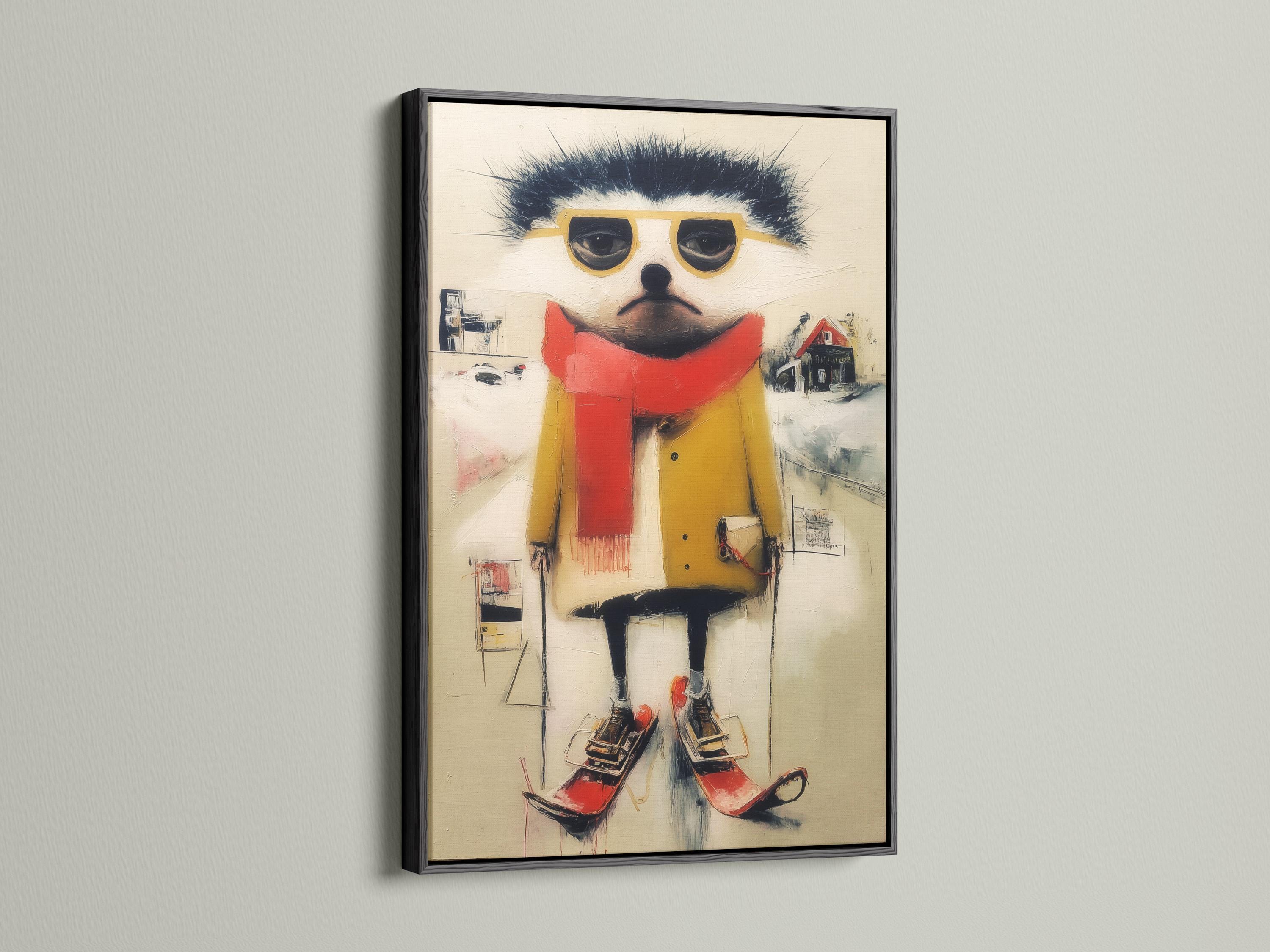 Stylised winter ski animal with dark fur, oversized yellow glasses, red scarf and red boots detail view