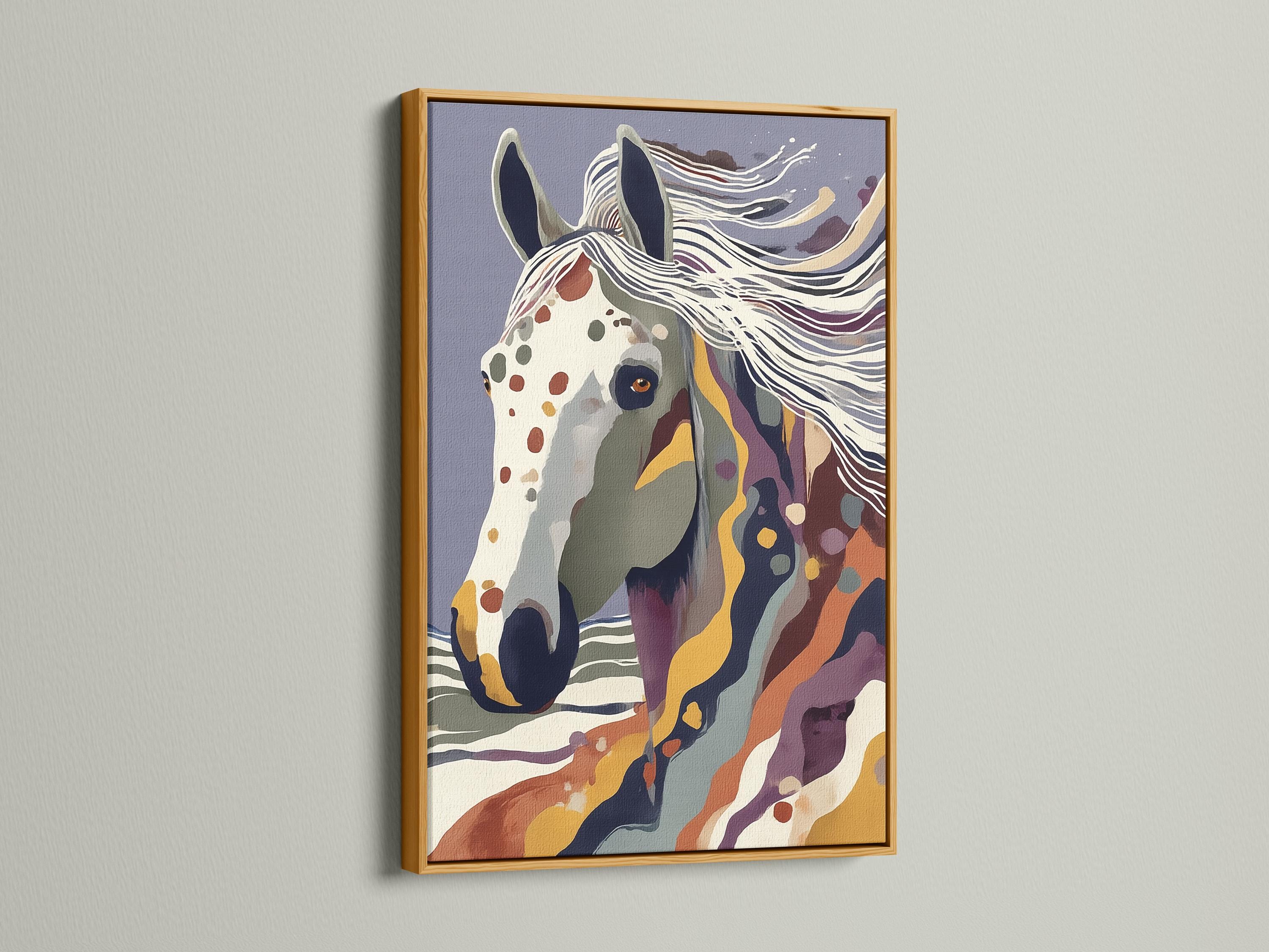 Stylised horse portrait with flowing stripes in blue, purple, cream and gold tones detail view