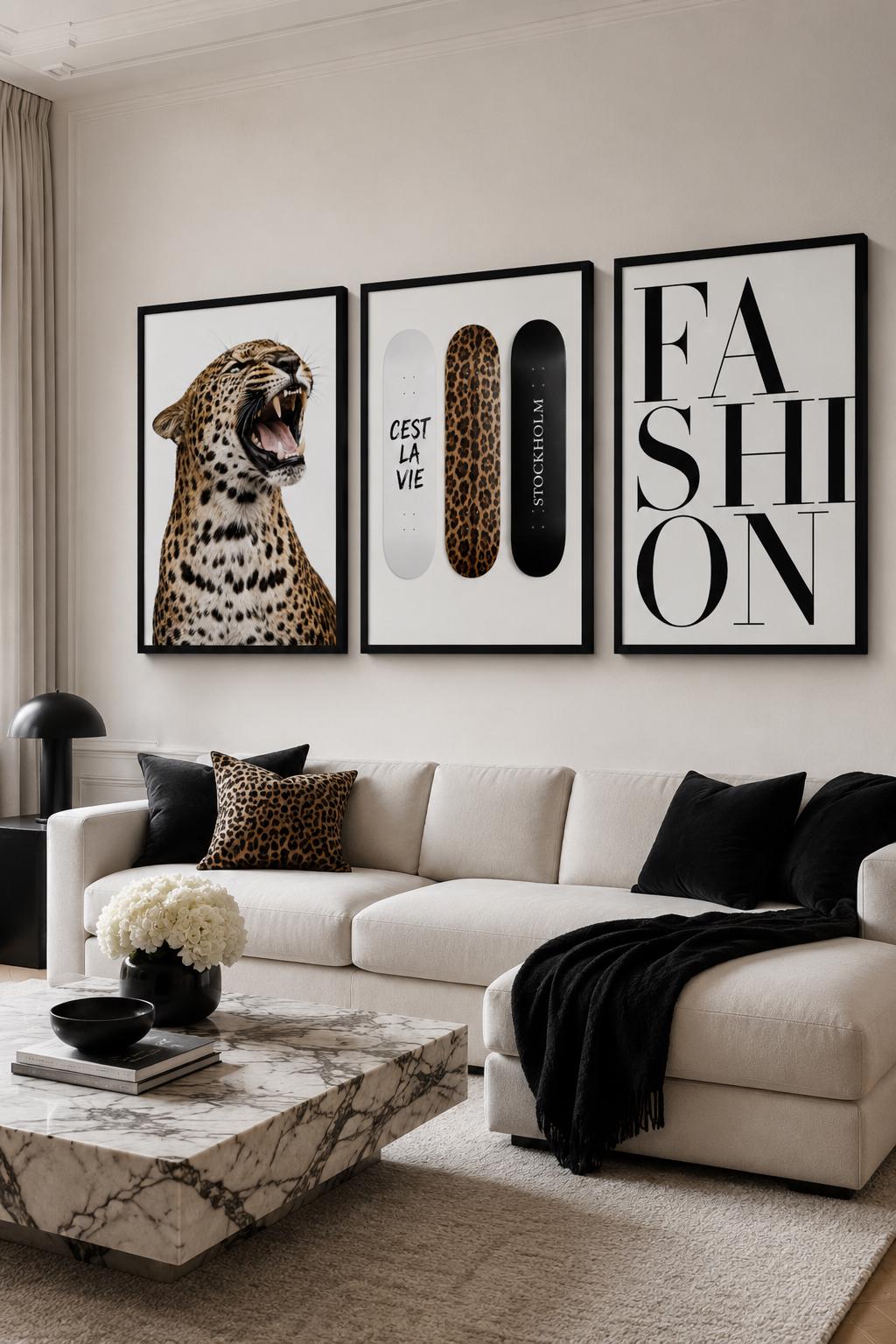 Three-panel leopard fashion wall art featuring a roaring leopard, skateboard deck shapes and bold serif typography detail view