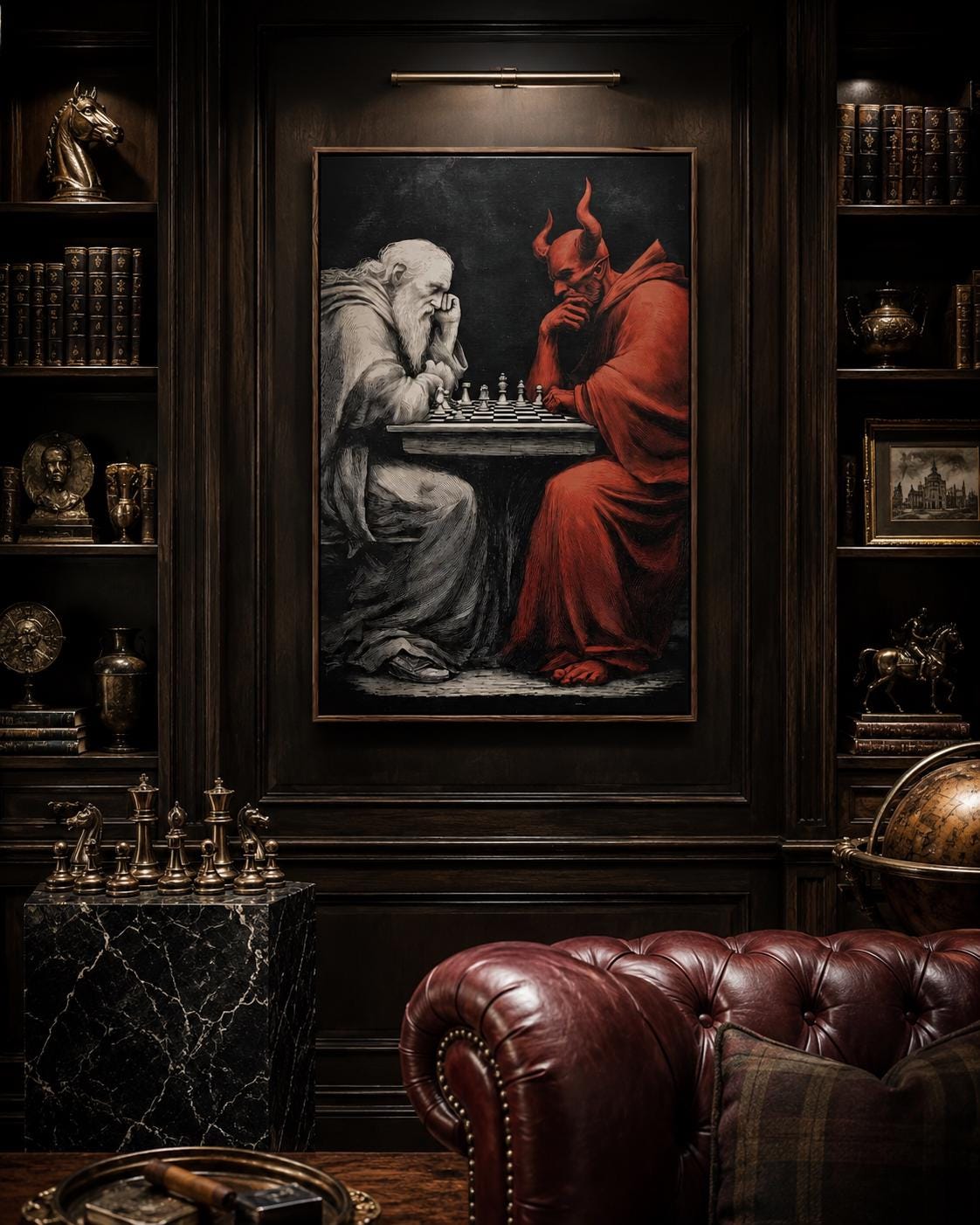 Chess duel scene with a pale angel-like figure facing a red horned devil over chess pieces detail view
