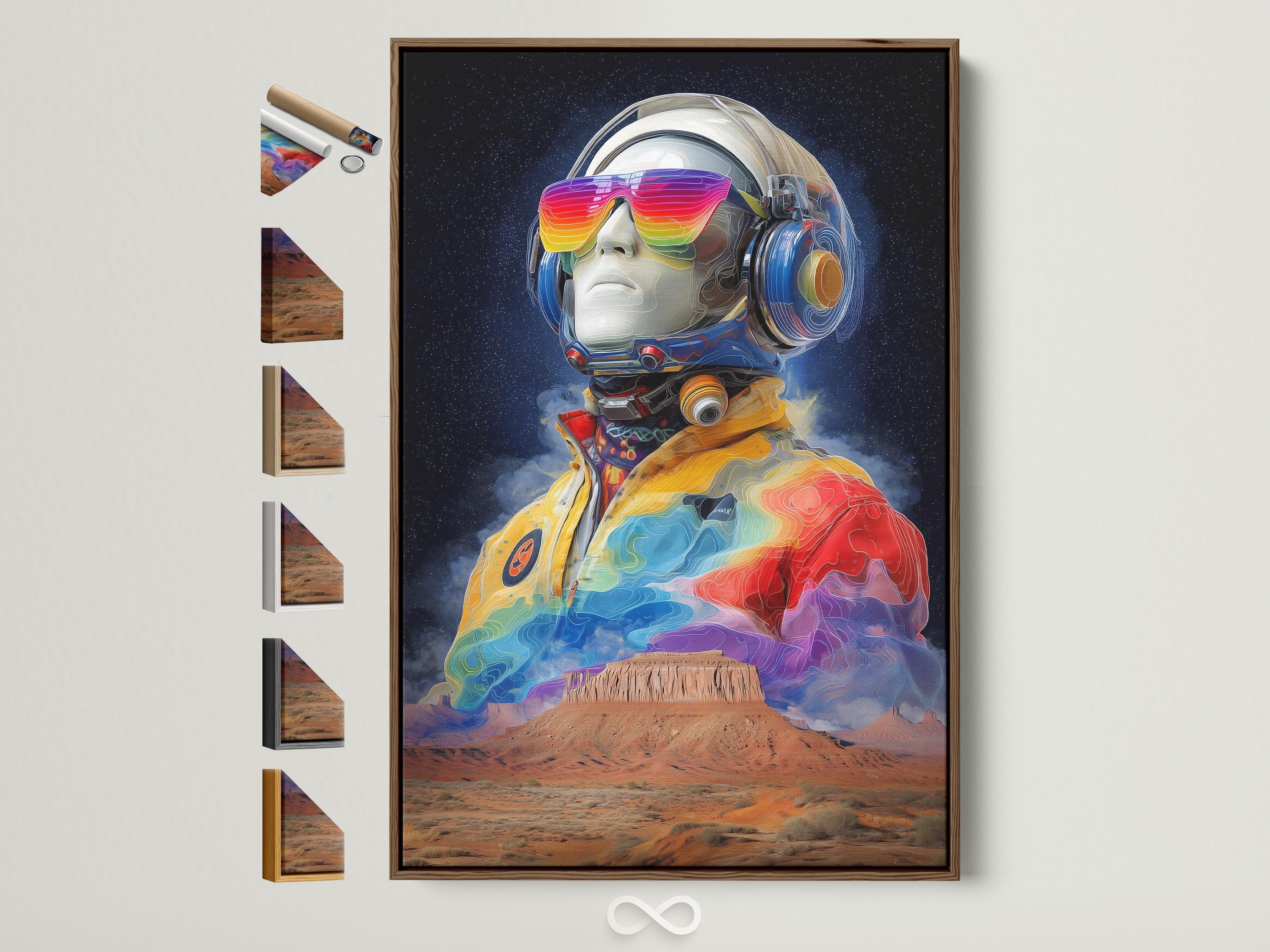Futuristic astronaut standing in a desert under a dark starry sky with rainbow colours on the helmet and suit detail view