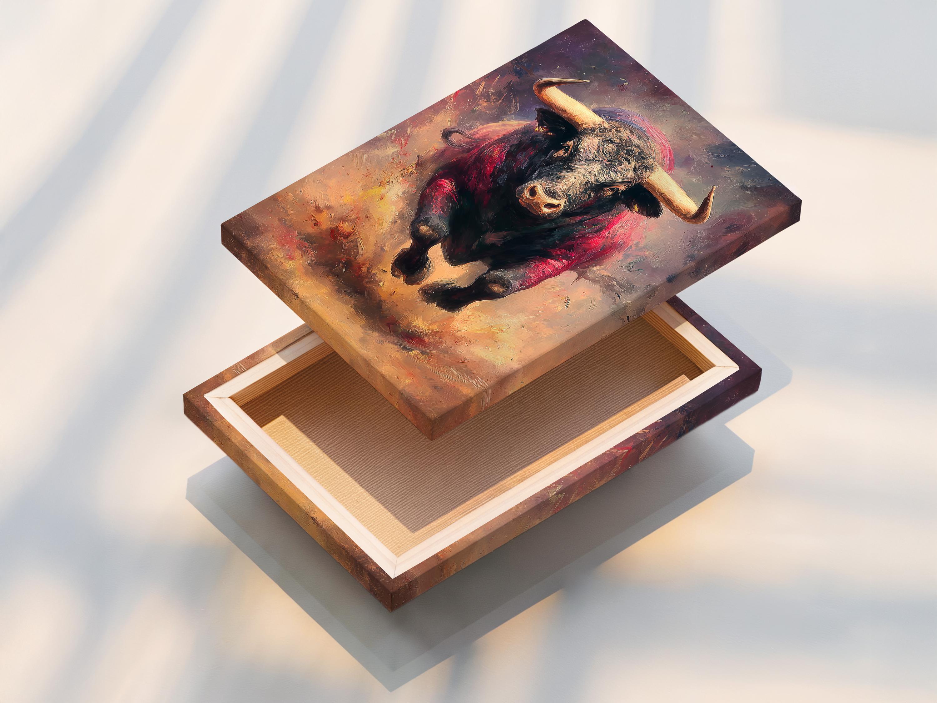 Charging bull portrait wall artwork in red and beige with curved horns detail view