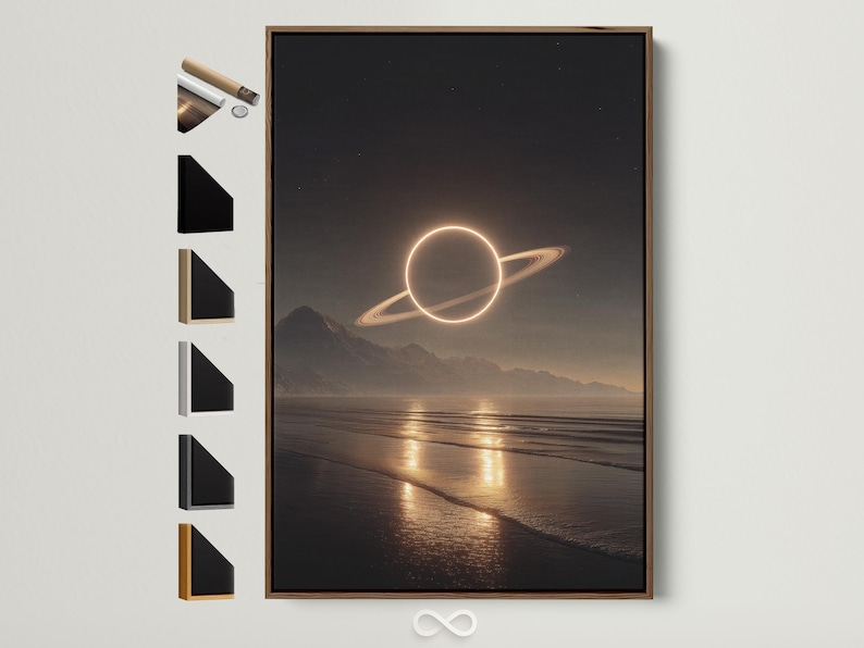 A glowing Saturn-like planet and luminous ring hover above a moonlit beach landscape with dark mountains and a shimmering shoreline