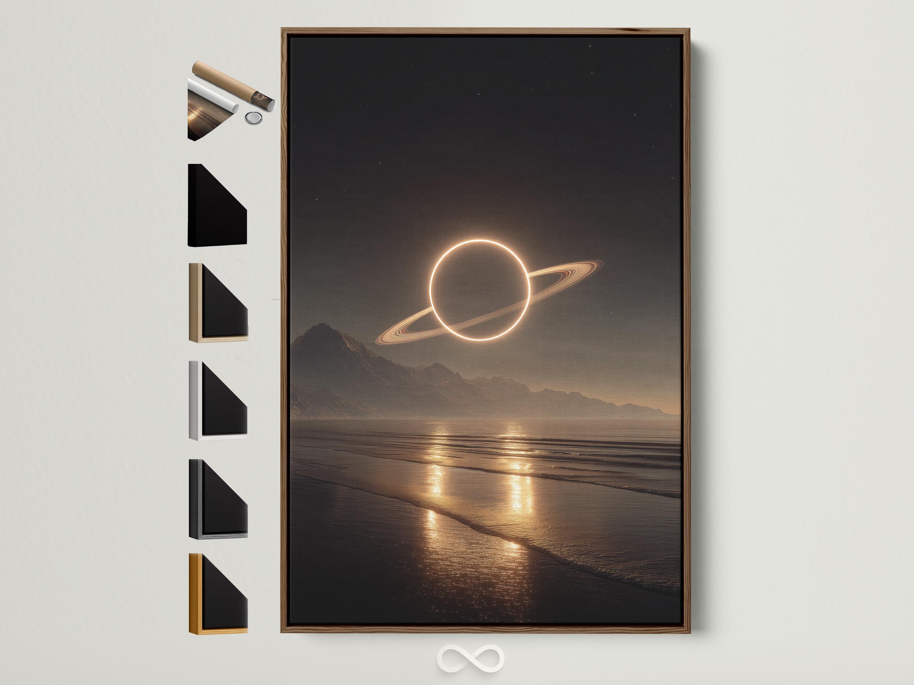 A glowing Saturn-like planet and luminous ring hover above a moonlit beach landscape with dark mountains and a shimmering shoreline