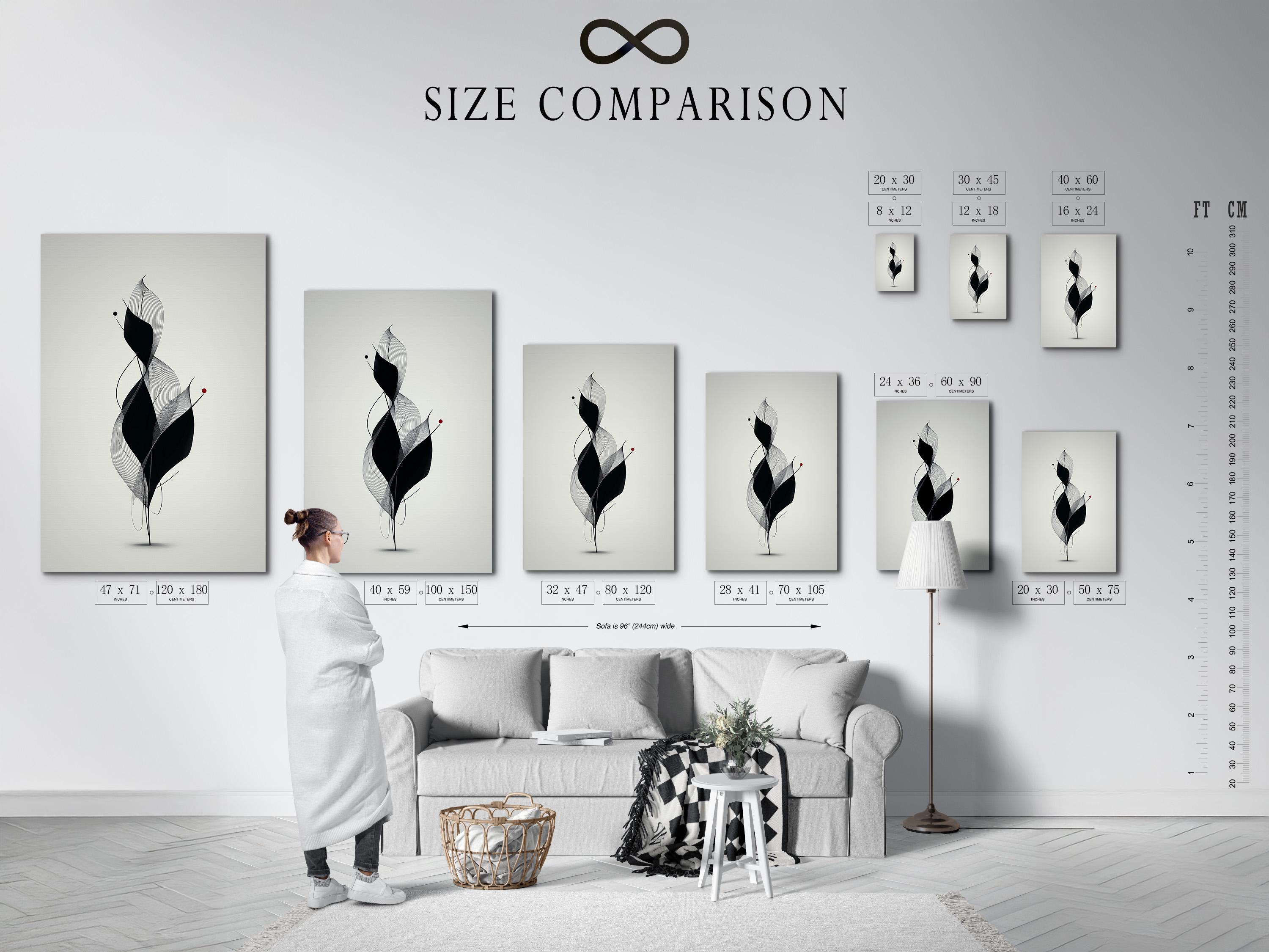 Monochrome abstract flower line art with layered black petals, fine curves and a small red dot detail view