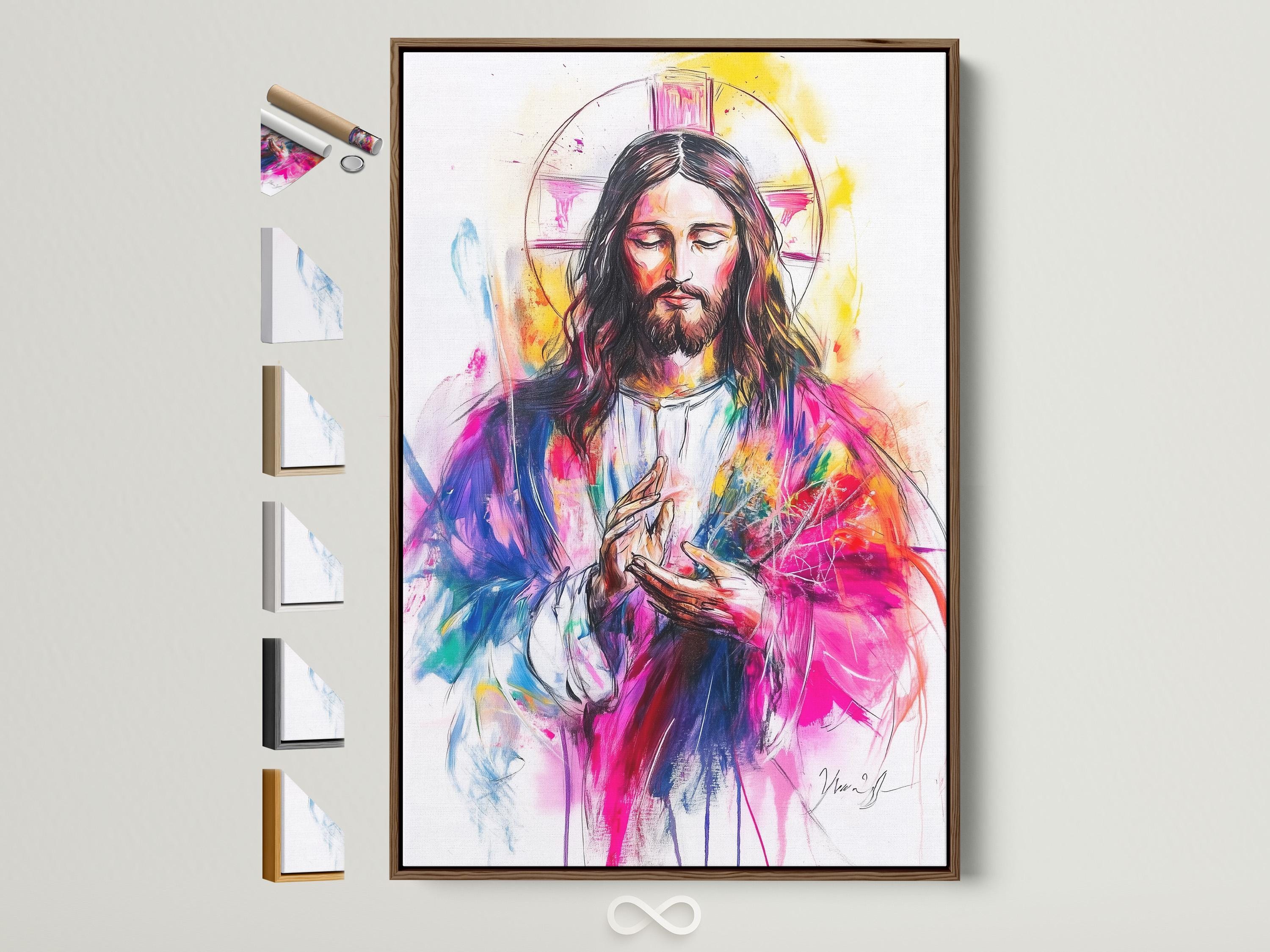 Religious portrait artwork of Jesus with halo displayed above a wooden table in a hallway