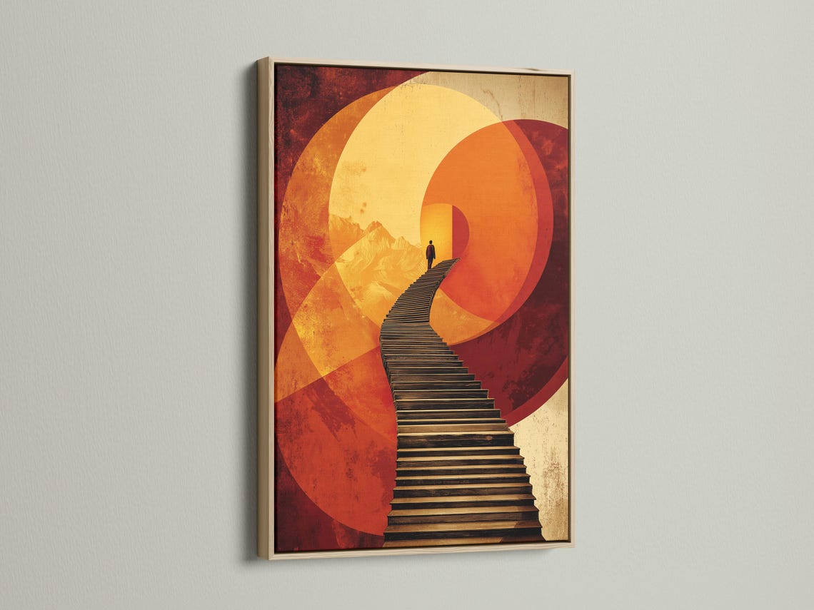 Warm orange and gold geometric arch artwork with a diagonal staircase and a dark silhouetted figure detail view