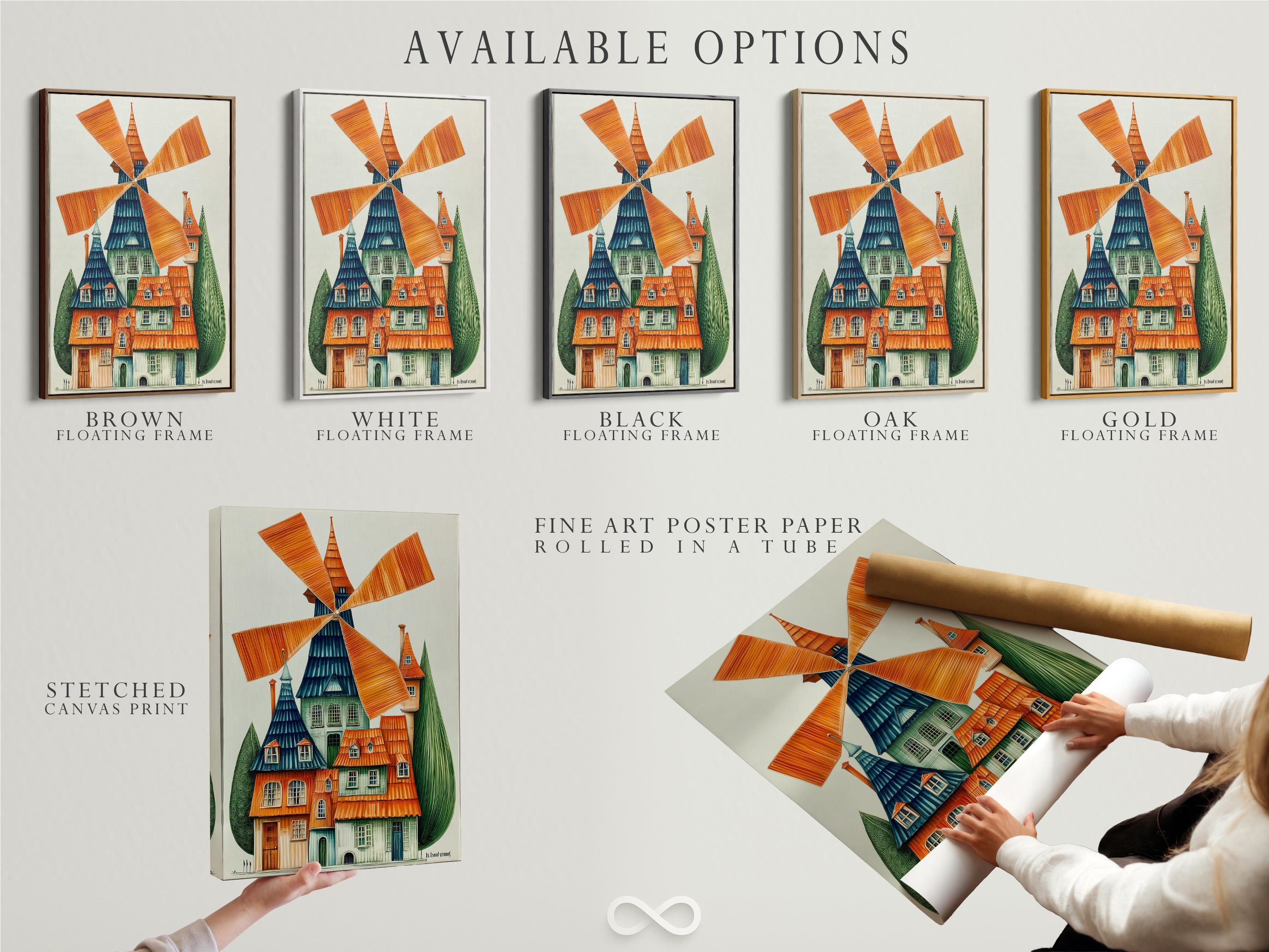 Illustrated windmill scene with orange blades and a blue-green house detail view