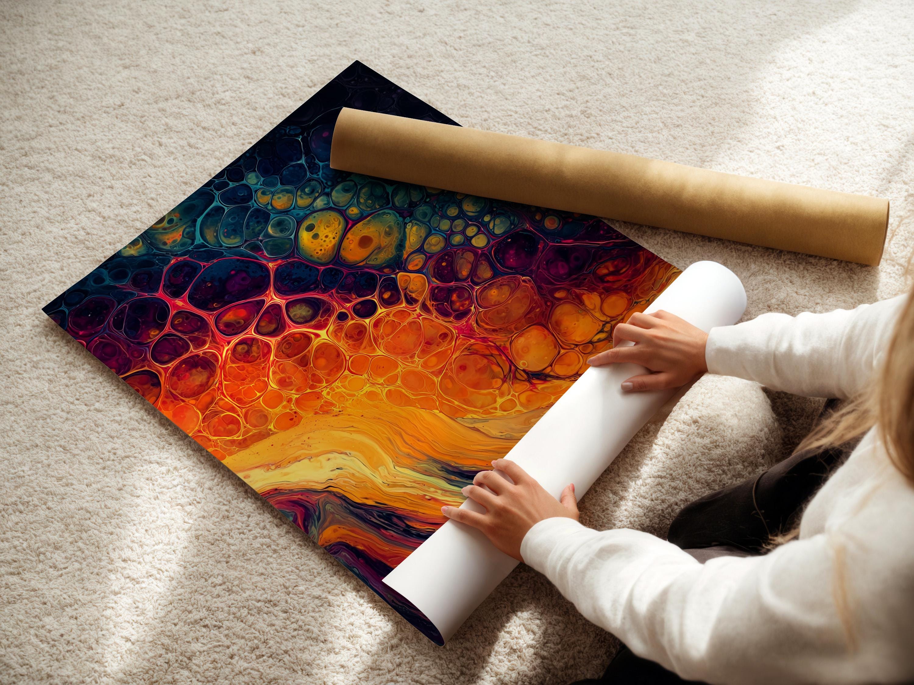 Abstract fluid artwork with orange and teal swirls and bubble-like circles detail view