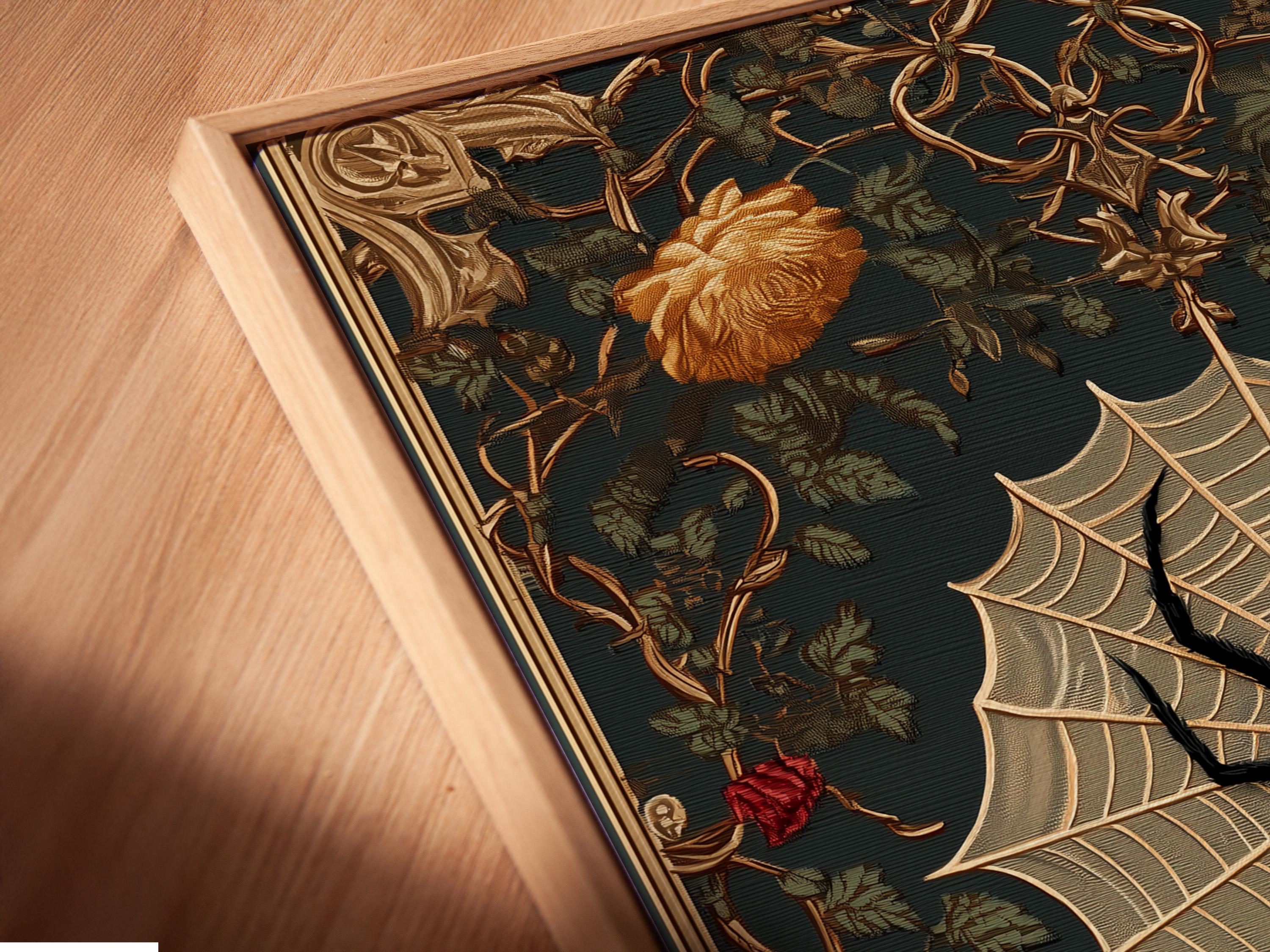 Gothic spider web and roses artwork shown in a mockup with hanging views
