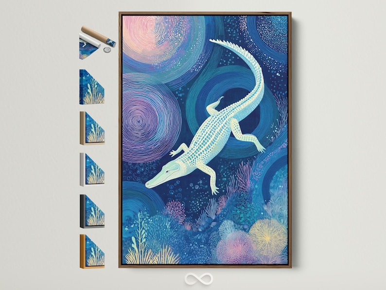 Underwater scene with a pale alligator-like reptile swimming through blue ripples and bubbles