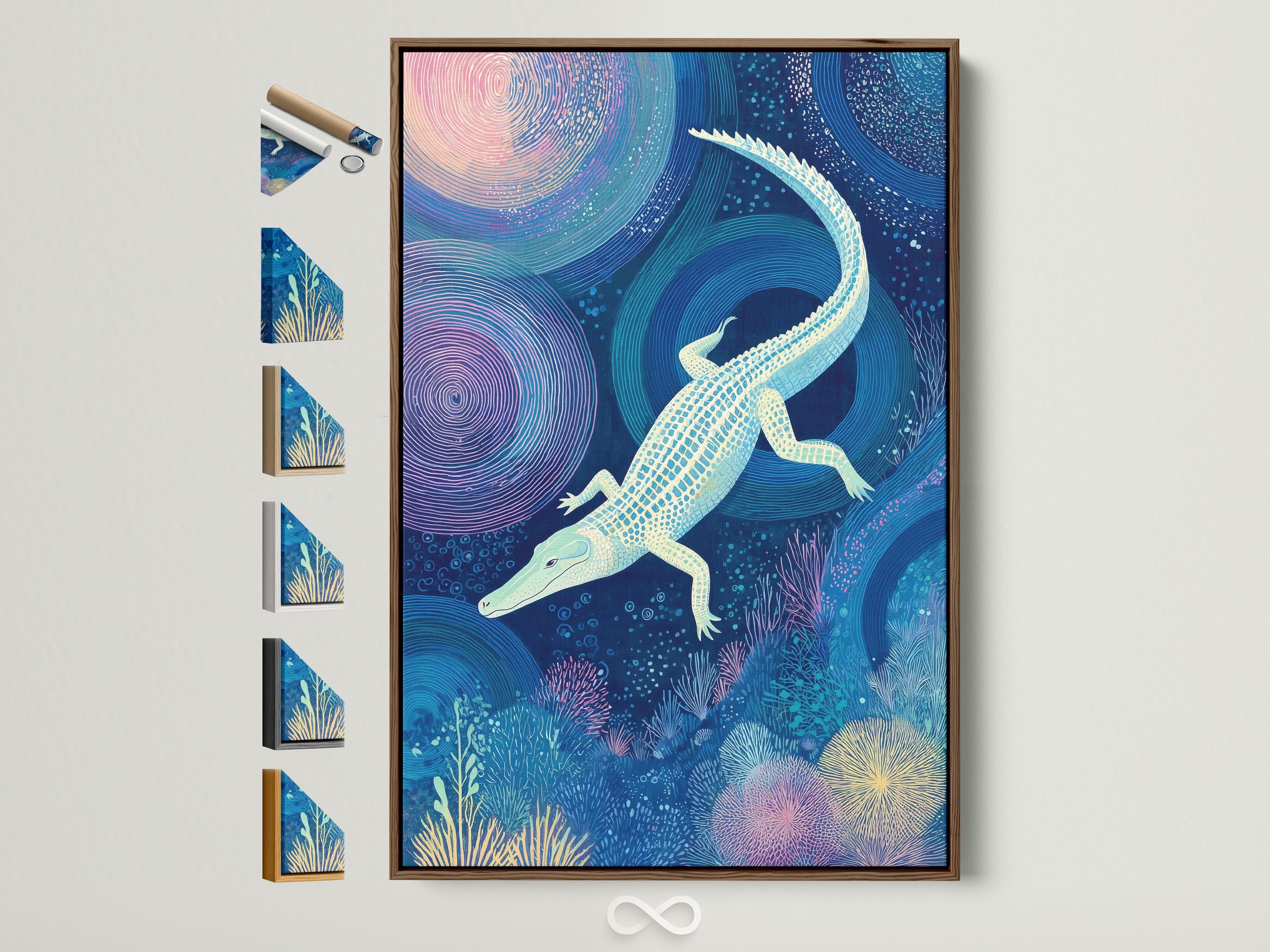 Underwater scene with a pale alligator-like reptile swimming through blue ripples and bubbles