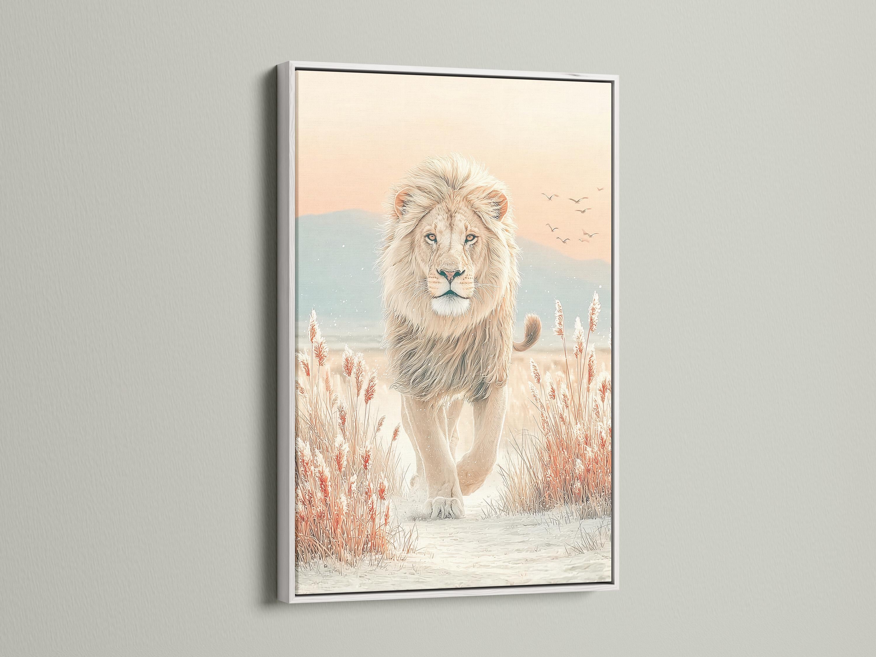 Neutral lion standing in a soft savannah scene with reeds, hills and small birds detail view
