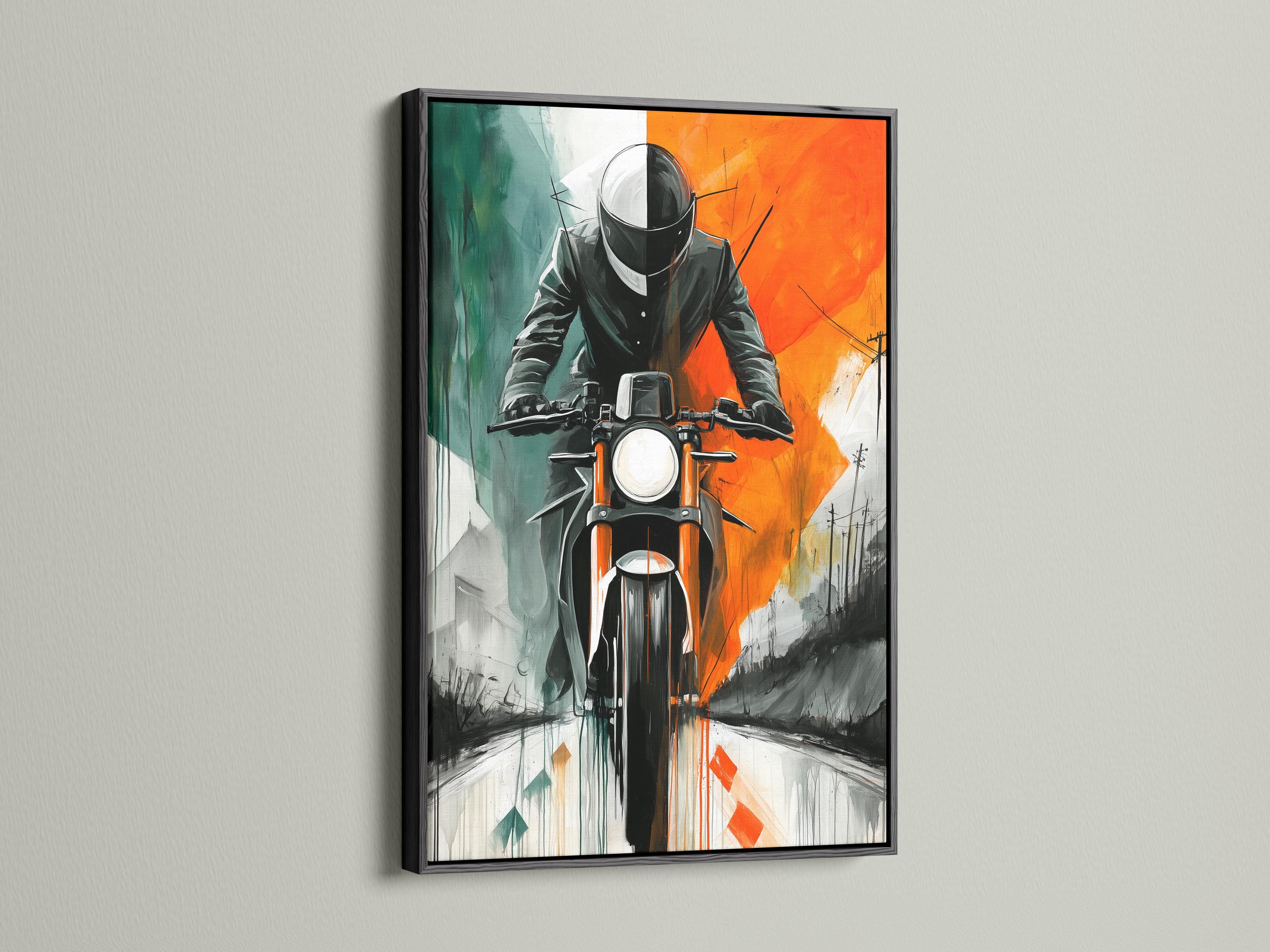 Stylised motorcyclist with helmet, headlight and retro road scene in orange, teal and grey detail view