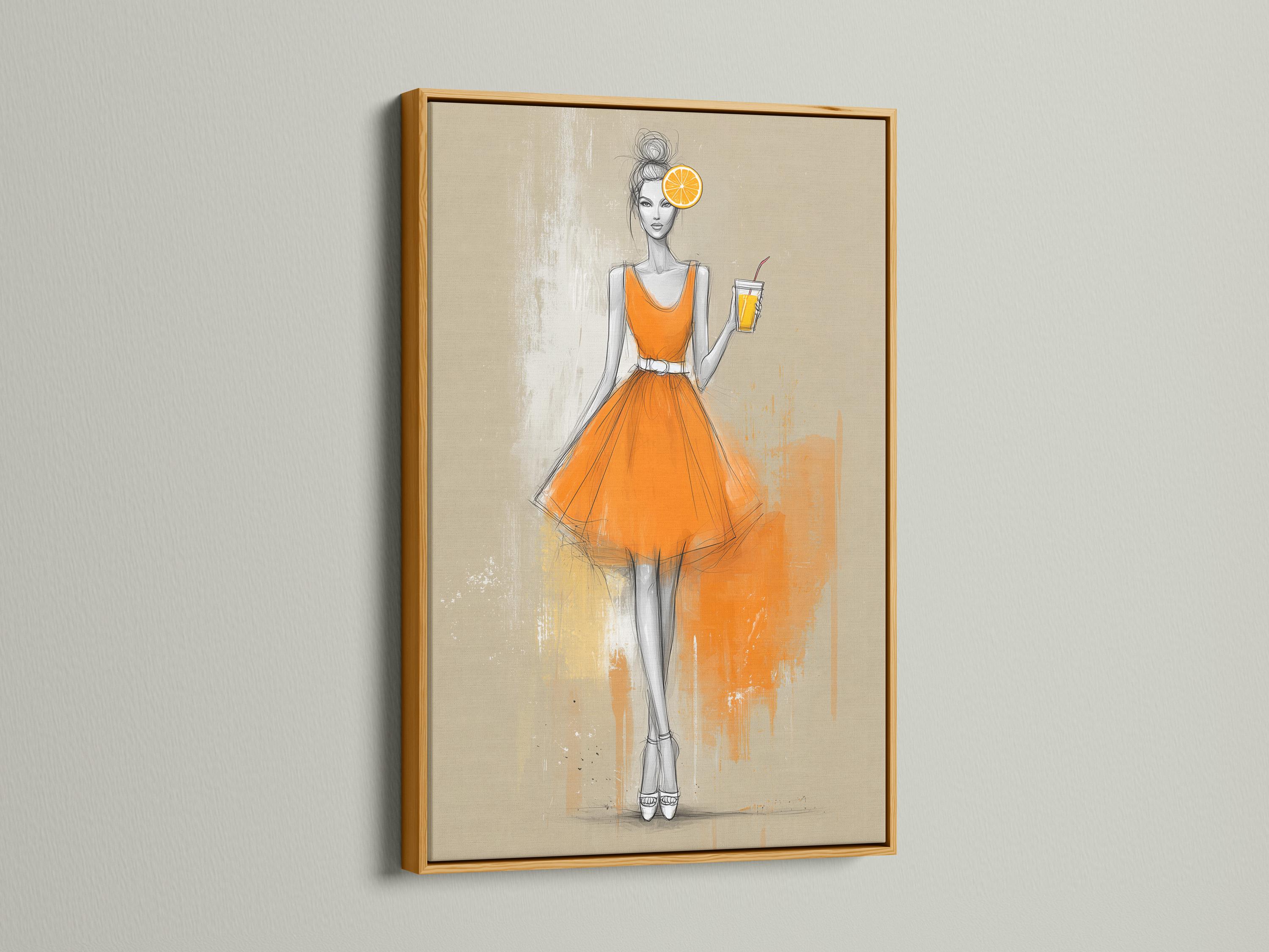Fashion sketch of a woman in an orange dress holding a drink with an orange citrus slice above her head detail view