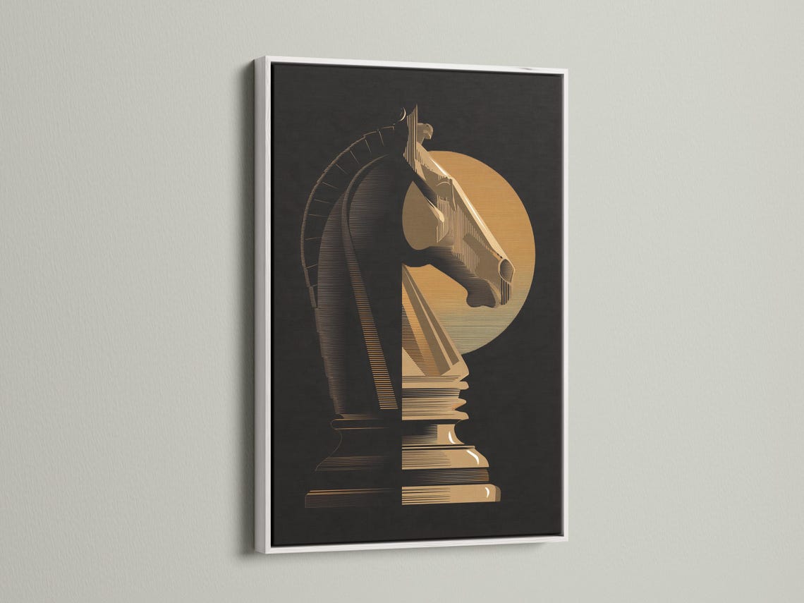 Black and gold chess knight design with curved striped bands detail view