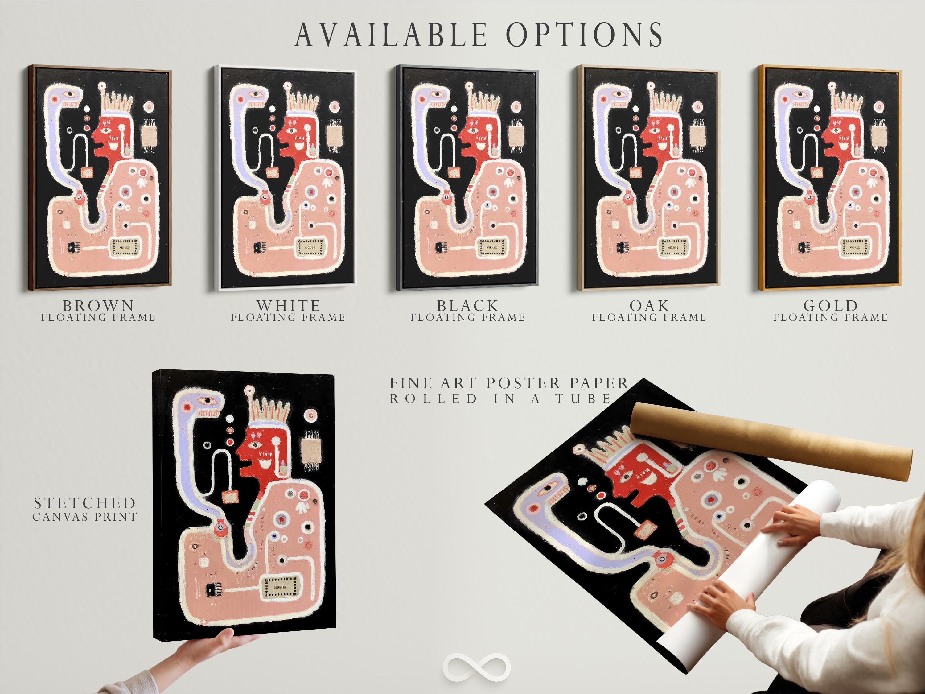 Room mockup showing an abstract odd face artwork with dusty pink, light blue and red details