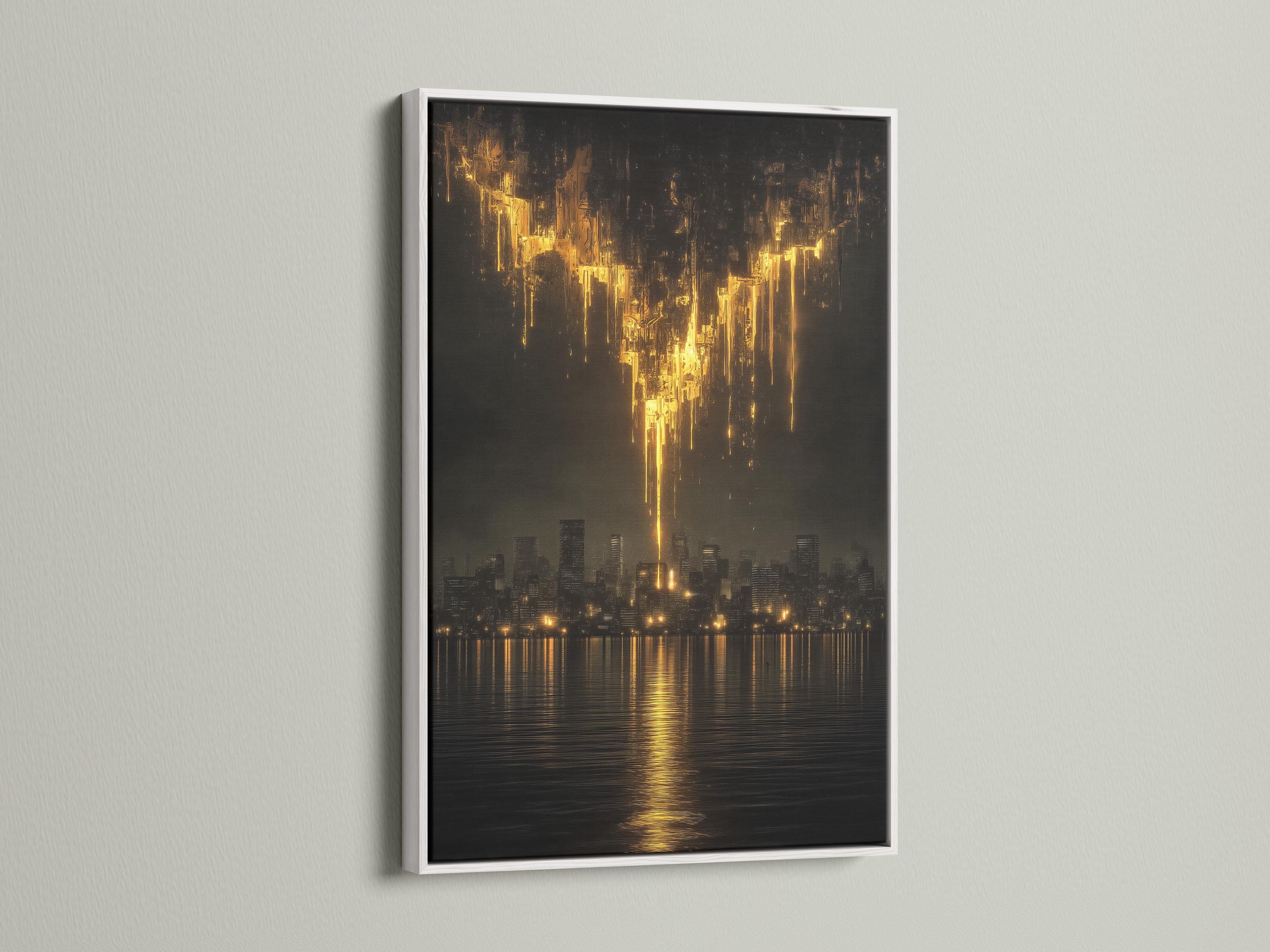 Abstract black and gold night cityscape with golden light streaks and water reflections detail view