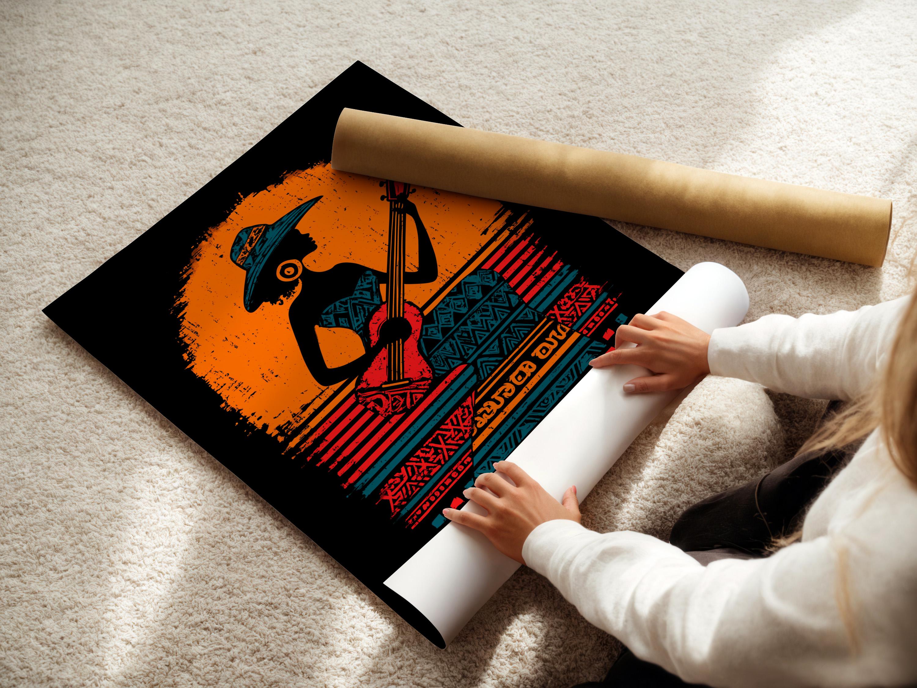 Wall mockup showing a framed poster design with a guitar-playing figure and tribal patterns