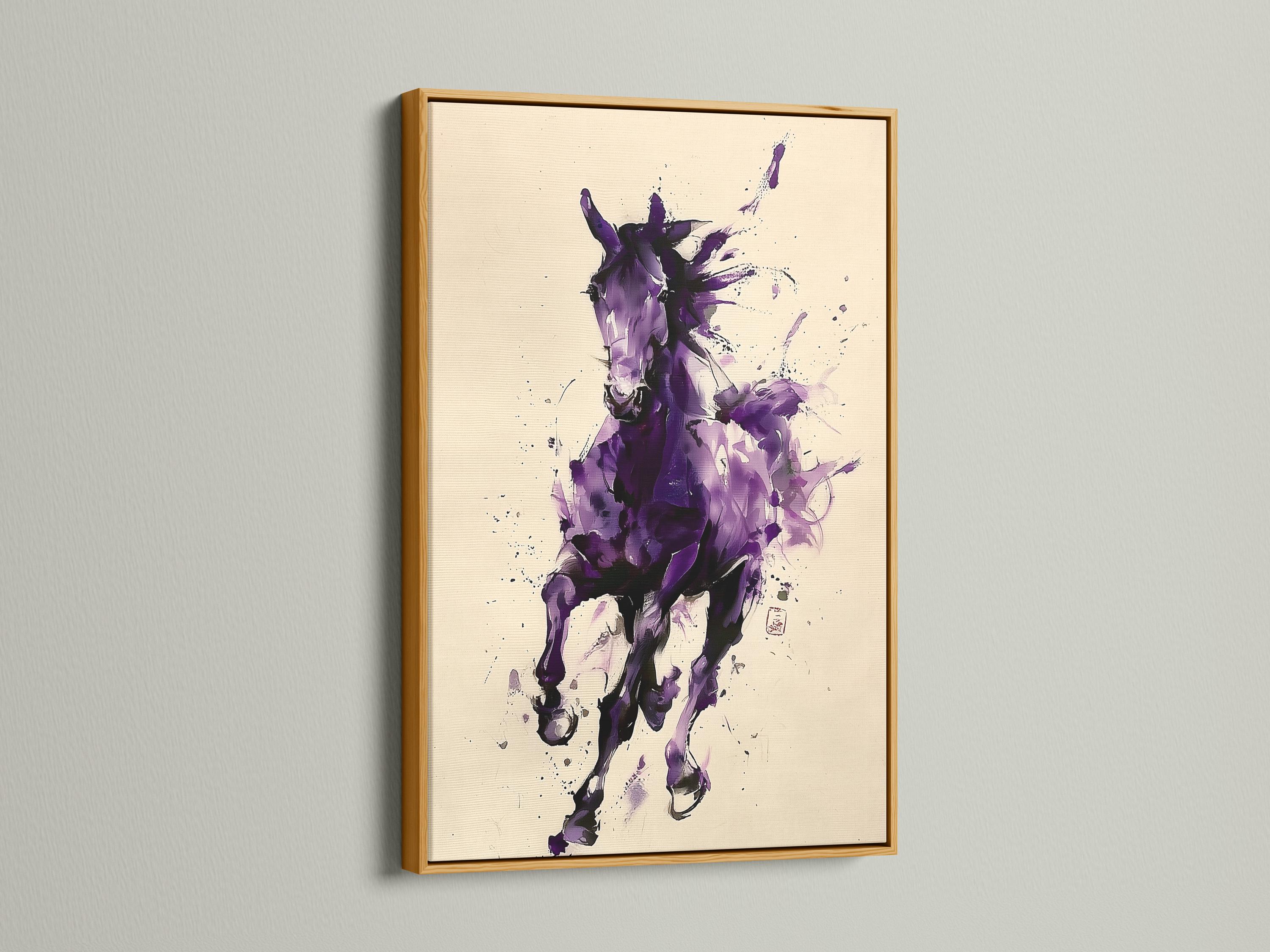Abstract purple horse illustration with splatter marks on a cream background detail view