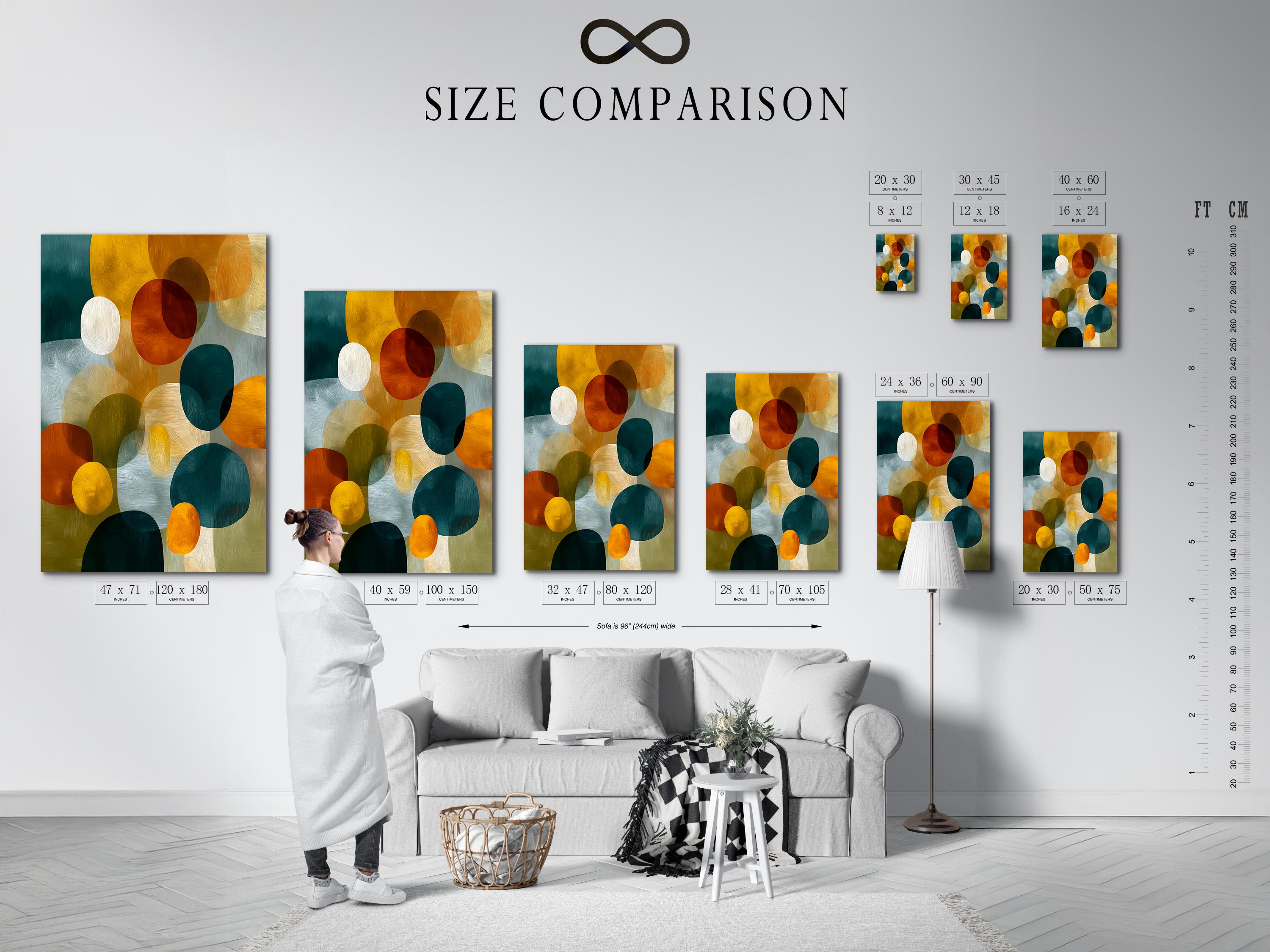 Abstract artwork with overlapping circles and oval shapes in teal, mustard yellow, orange and red detail view