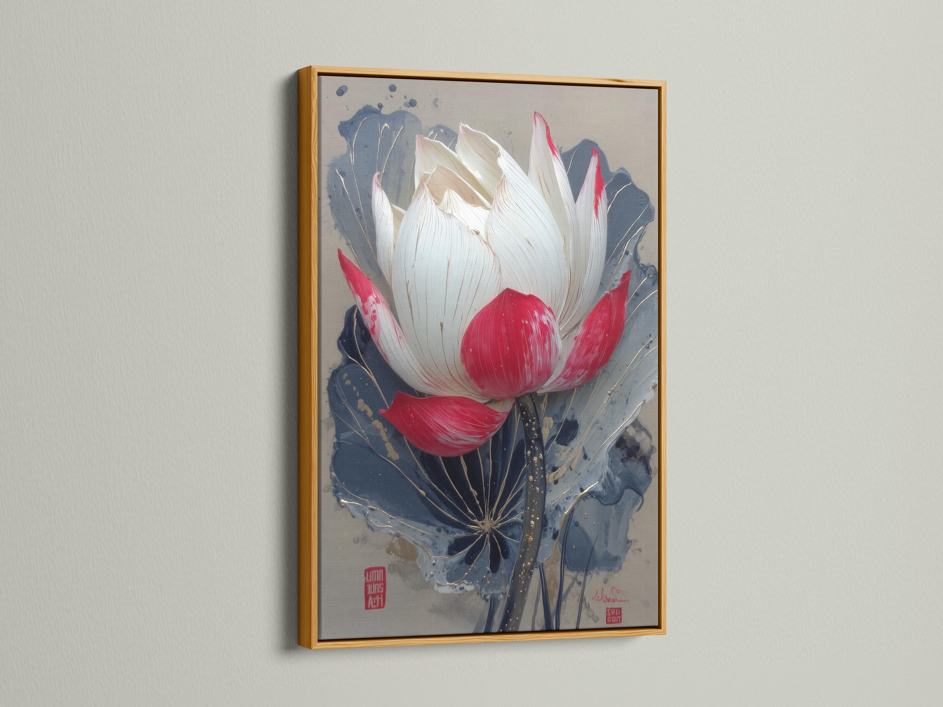 Lotus flower painting with white and red petals over deep blue leaves and gold speckles detail view