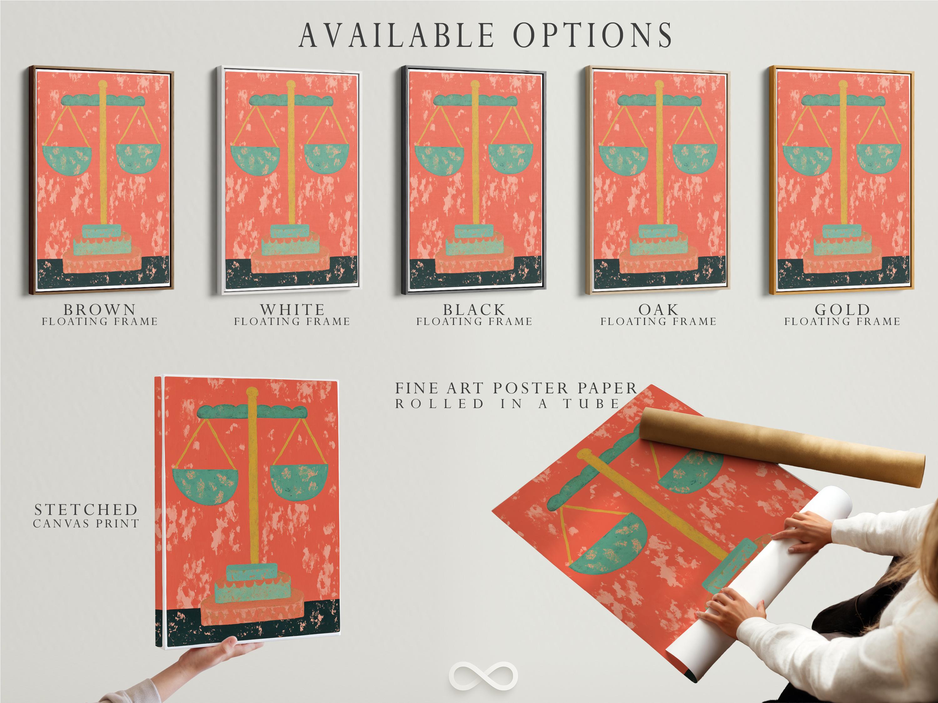 Stylised scales of justice with mint-green pans and gold beam on a coral-red distressed background detail view