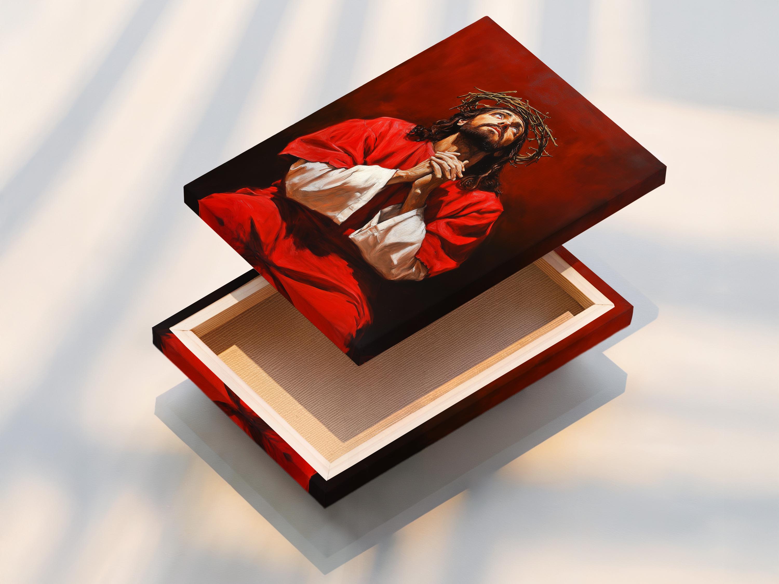 Painterly portrait of Jesus with a crown of thorns, red robe, and praying hands against a dark red-brown background detail view